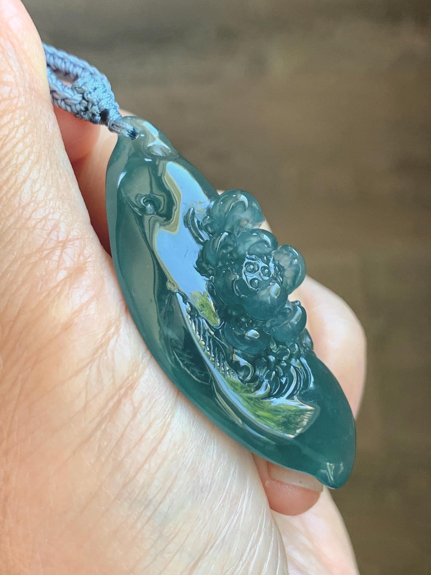 Certified Natural Grade A Guatemalan Icy Dark Teal Blue Jade Jadeite Lotus Flower Koi Fish Pendant Rope Necklace 27” 18g 天然冰危蓝绿翡翠莲花鱼吊坠 1159