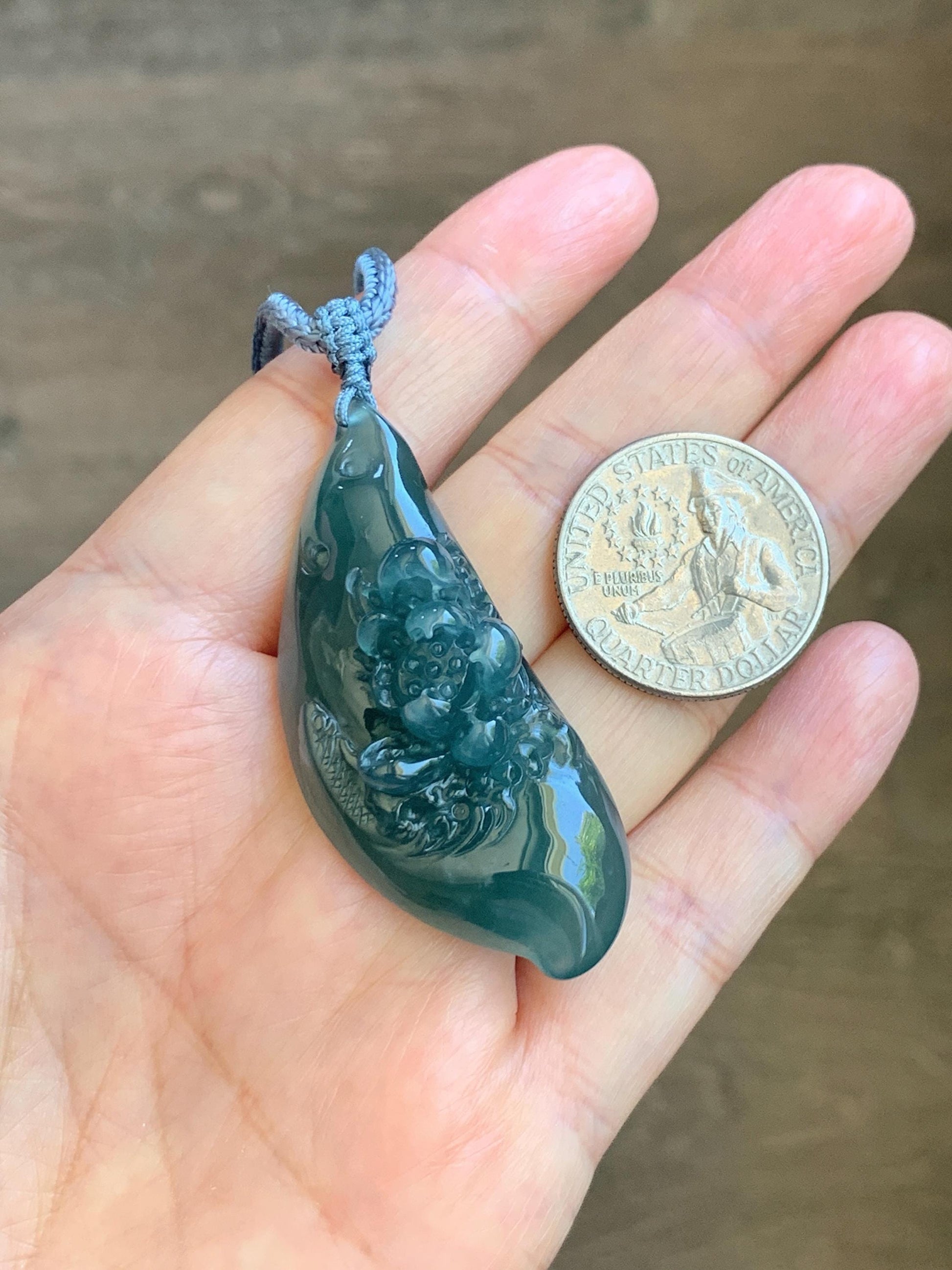 Certified Natural Grade A Guatemalan Icy Dark Teal Blue Jade Jadeite Lotus Flower Koi Fish Pendant Rope Necklace 27” 18g 天然冰危蓝绿翡翠莲花鱼吊坠 1159