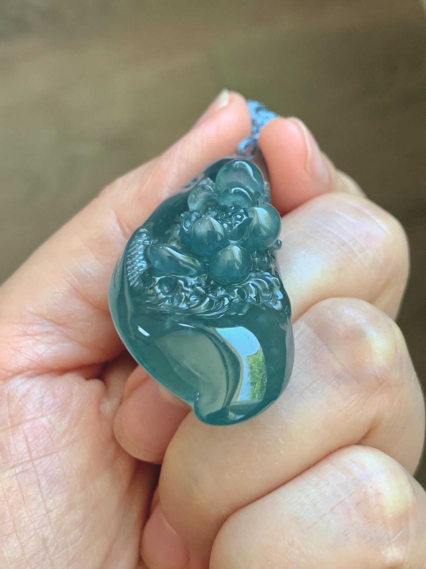 Certified Natural Grade A Guatemalan Icy Dark Teal Blue Jade Jadeite Lotus Flower Koi Fish Pendant Rope Necklace 27” 18g 天然冰危蓝绿翡翠莲花鱼吊坠 1159