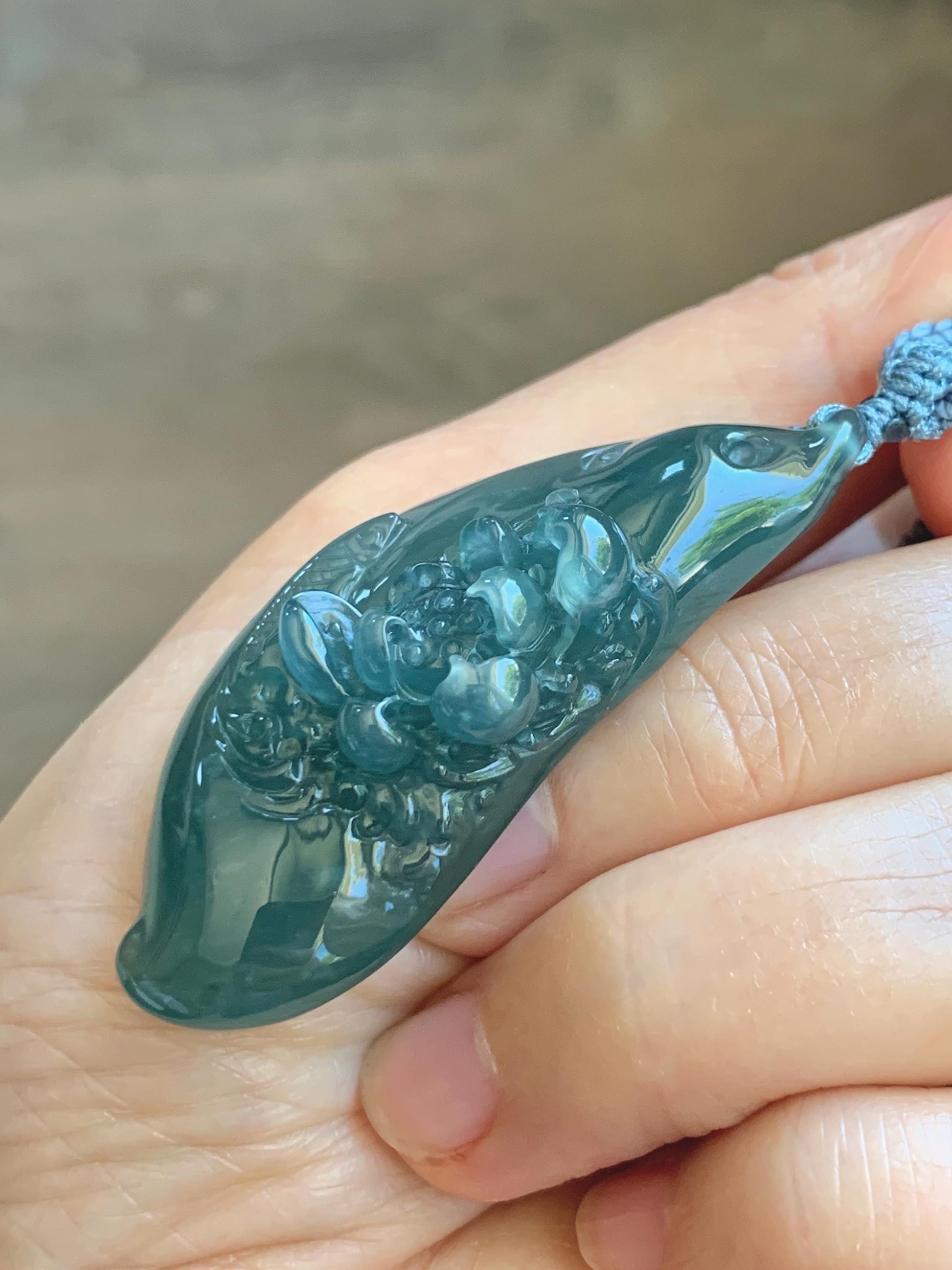 Certified Natural Grade A Guatemalan Icy Dark Teal Blue Jade Jadeite Lotus Flower Koi Fish Pendant Rope Necklace 27” 18g 天然冰危蓝绿翡翠莲花鱼吊坠 1159
