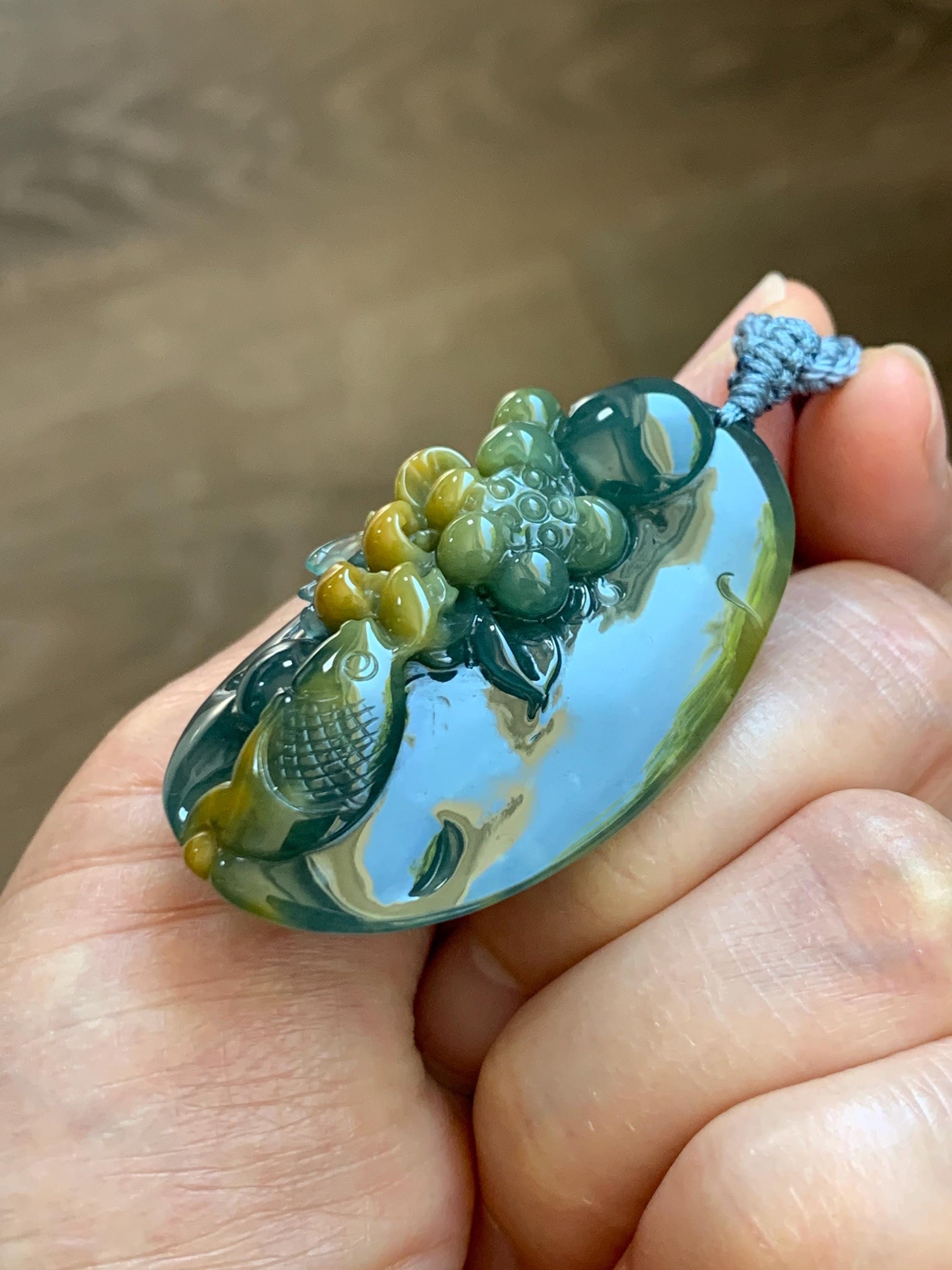Certified Natural Grade A Guatemalan Icy Dark Teal Yellow Marbled Jadeite Lotus Flower Koi Fish Pendant Rope Necklace 27” 天然冰危蓝加黄翡翠莲花鱼吊坠1157