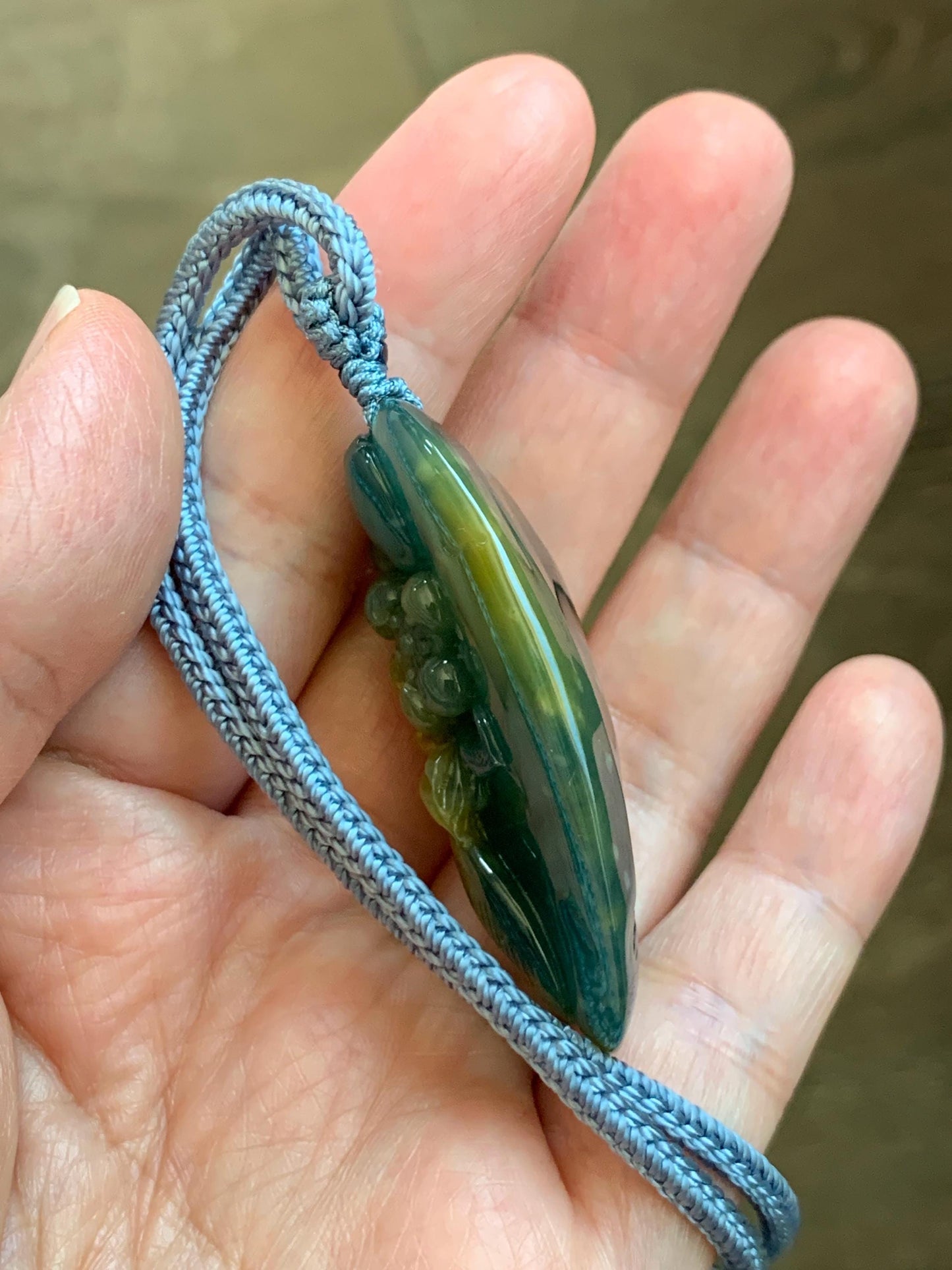 Certified Natural Grade A Guatemalan Icy Dark Teal Yellow Marbled Jadeite Lotus Flower Koi Fish Pendant Rope Necklace 27” 天然冰危蓝加黄翡翠莲花鱼吊坠1157