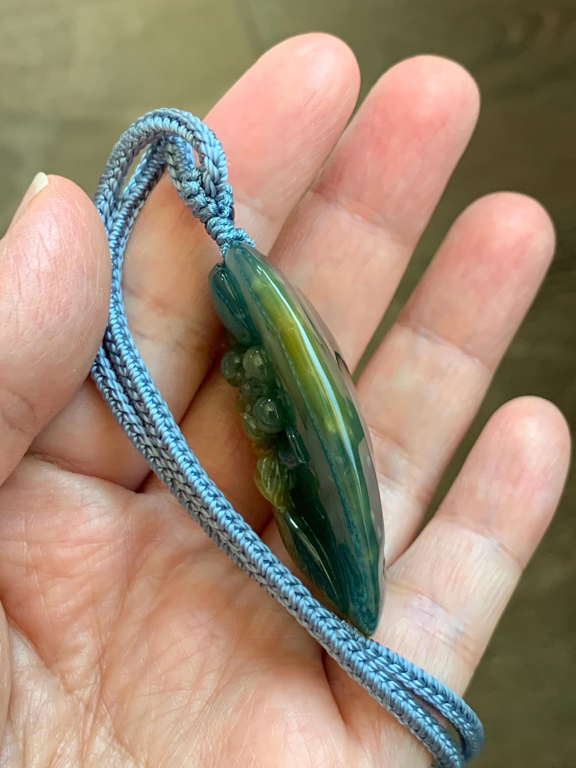 Certified Natural Grade A Guatemalan Icy Dark Teal Yellow Marbled Jadeite Lotus Flower Koi Fish Pendant Rope Necklace 27” 天然冰危蓝加黄翡翠莲花鱼吊坠1157