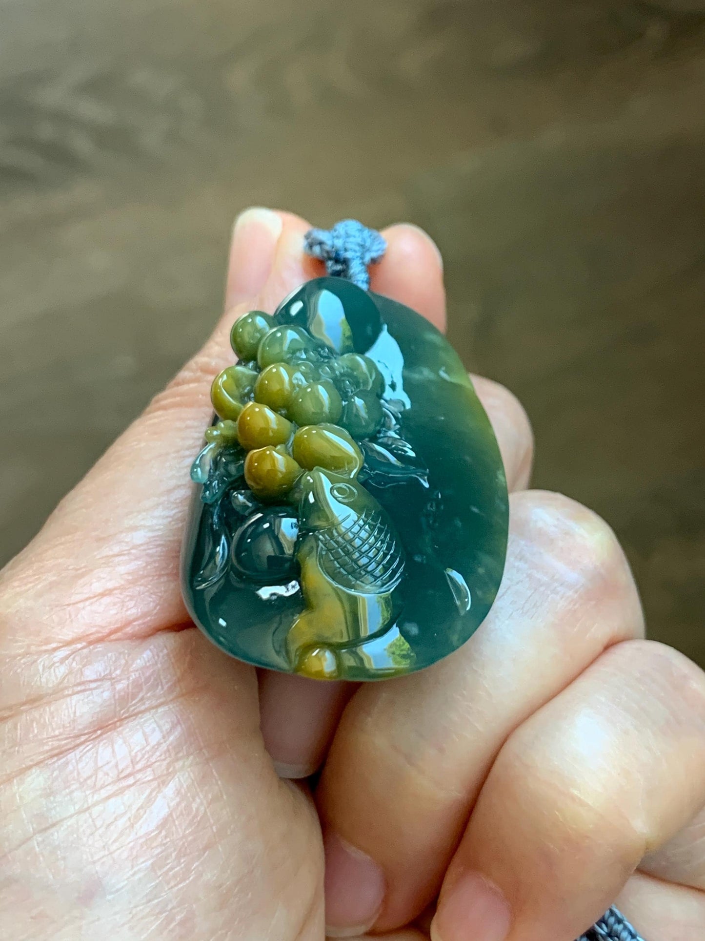 Certified Natural Grade A Guatemalan Icy Dark Teal Yellow Marbled Jadeite Lotus Flower Koi Fish Pendant Rope Necklace 27” 天然冰危蓝加黄翡翠莲花鱼吊坠1157