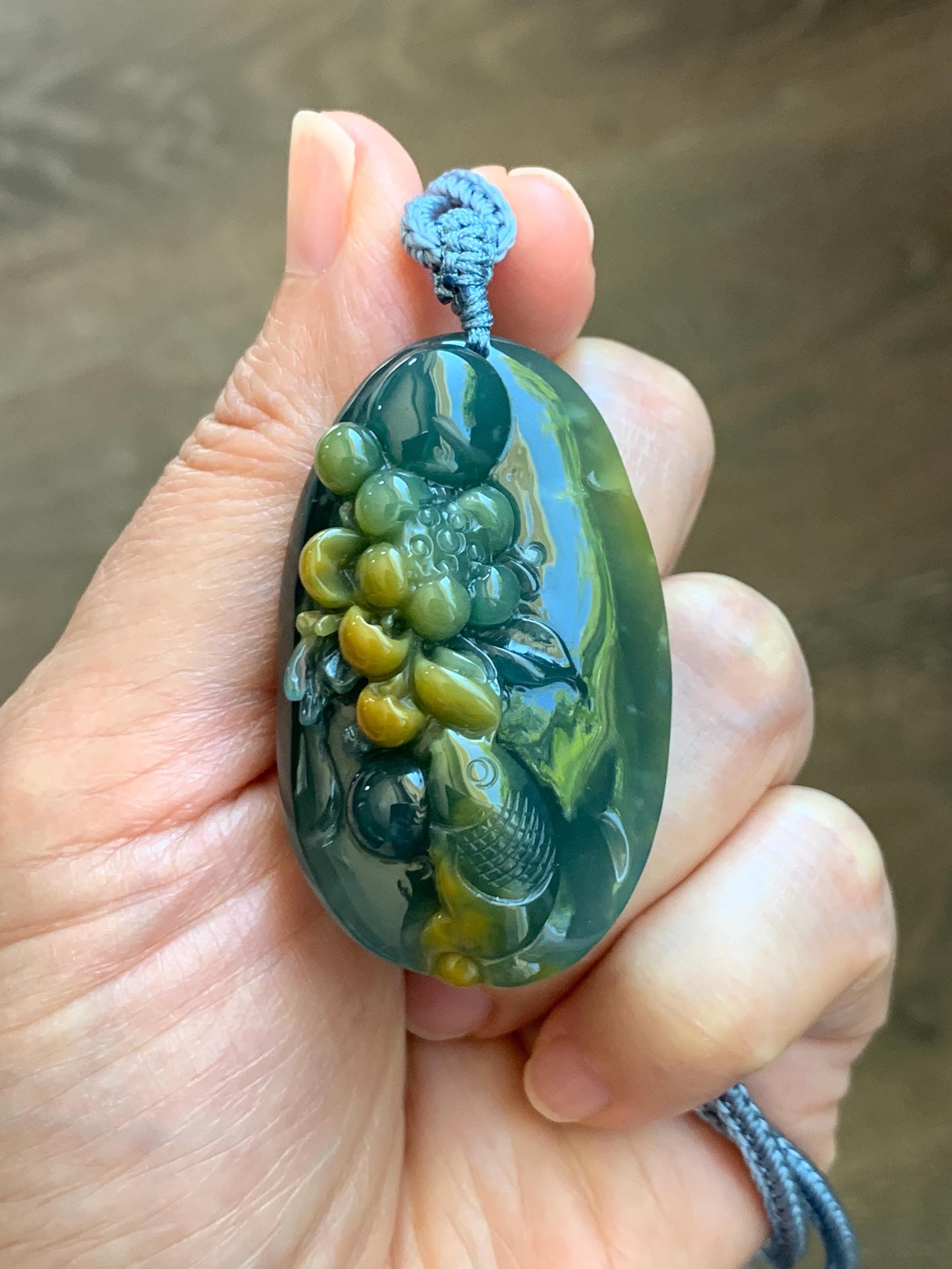 Certified Natural Grade A Guatemalan Icy Dark Teal Yellow Marbled Jadeite Lotus Flower Koi Fish Pendant Rope Necklace 27” 天然冰危蓝加黄翡翠莲花鱼吊坠1157
