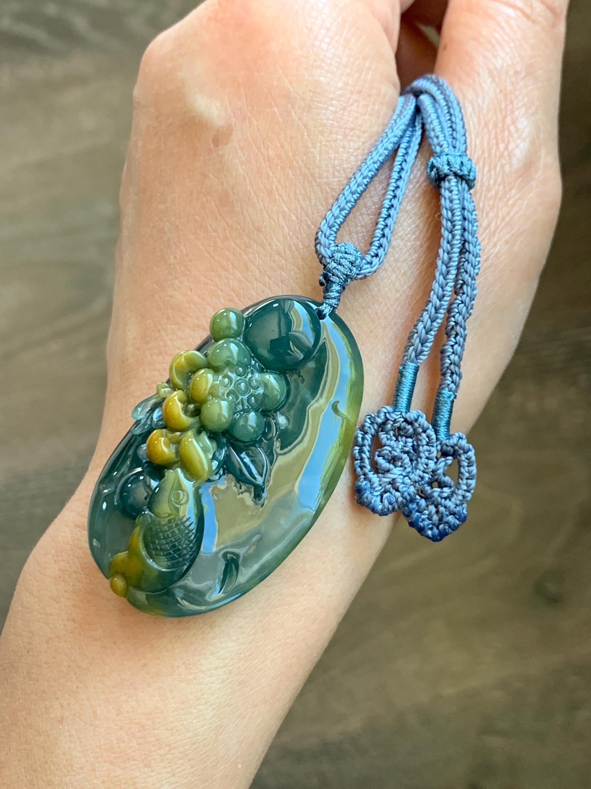 Certified Natural Grade A Guatemalan Icy Dark Teal Yellow Marbled Jadeite Lotus Flower Koi Fish Pendant Rope Necklace 27” 天然冰危蓝加黄翡翠莲花鱼吊坠1157