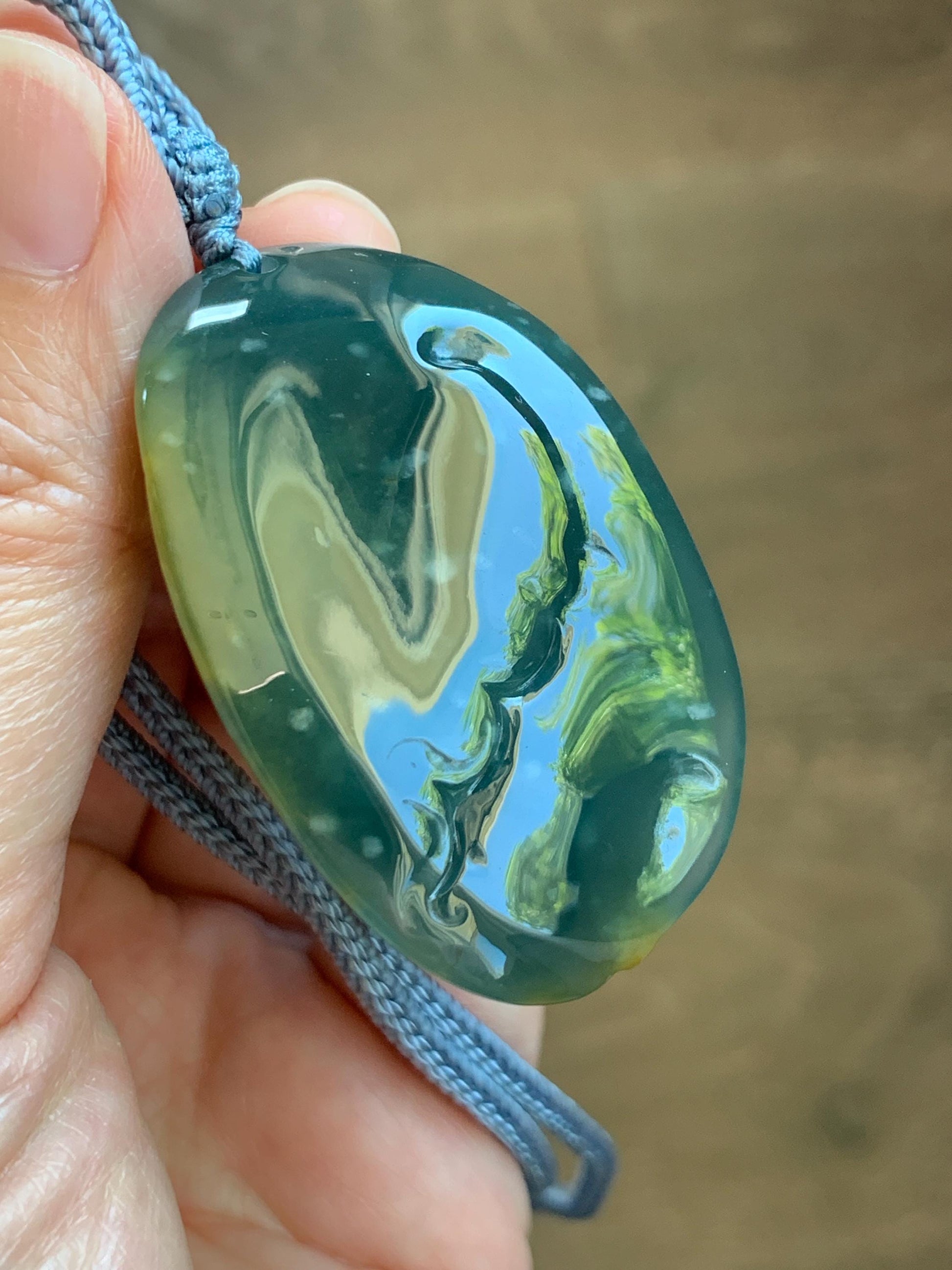 Certified Natural Grade A Guatemalan Icy Dark Teal Yellow Marbled Jadeite Lotus Flower Koi Fish Pendant Rope Necklace 27” 天然冰危蓝加黄翡翠莲花鱼吊坠1157