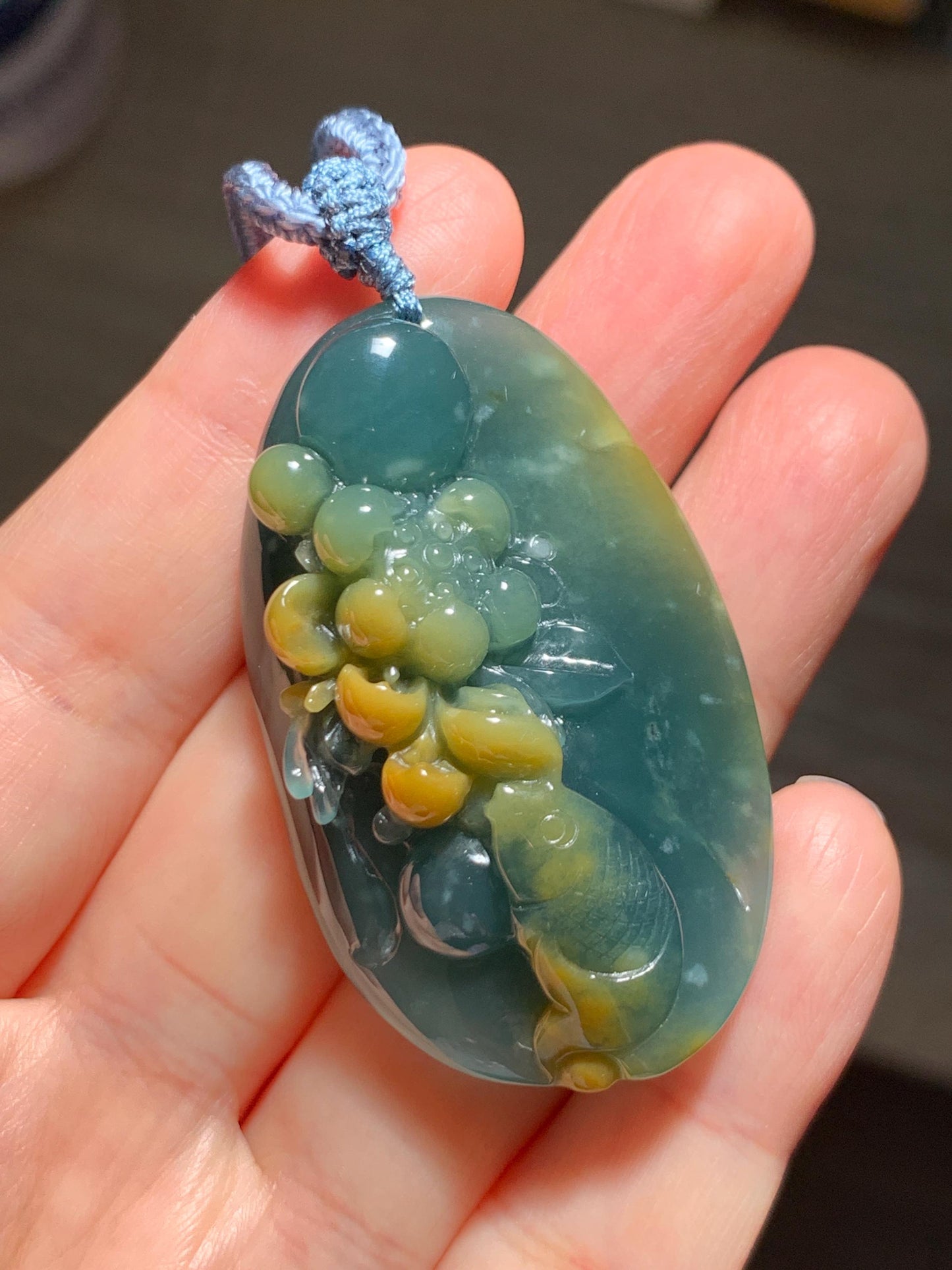 Certified Natural Grade A Guatemalan Icy Dark Teal Yellow Marbled Jadeite Lotus Flower Koi Fish Pendant Rope Necklace 27” 天然冰危蓝加黄翡翠莲花鱼吊坠1157