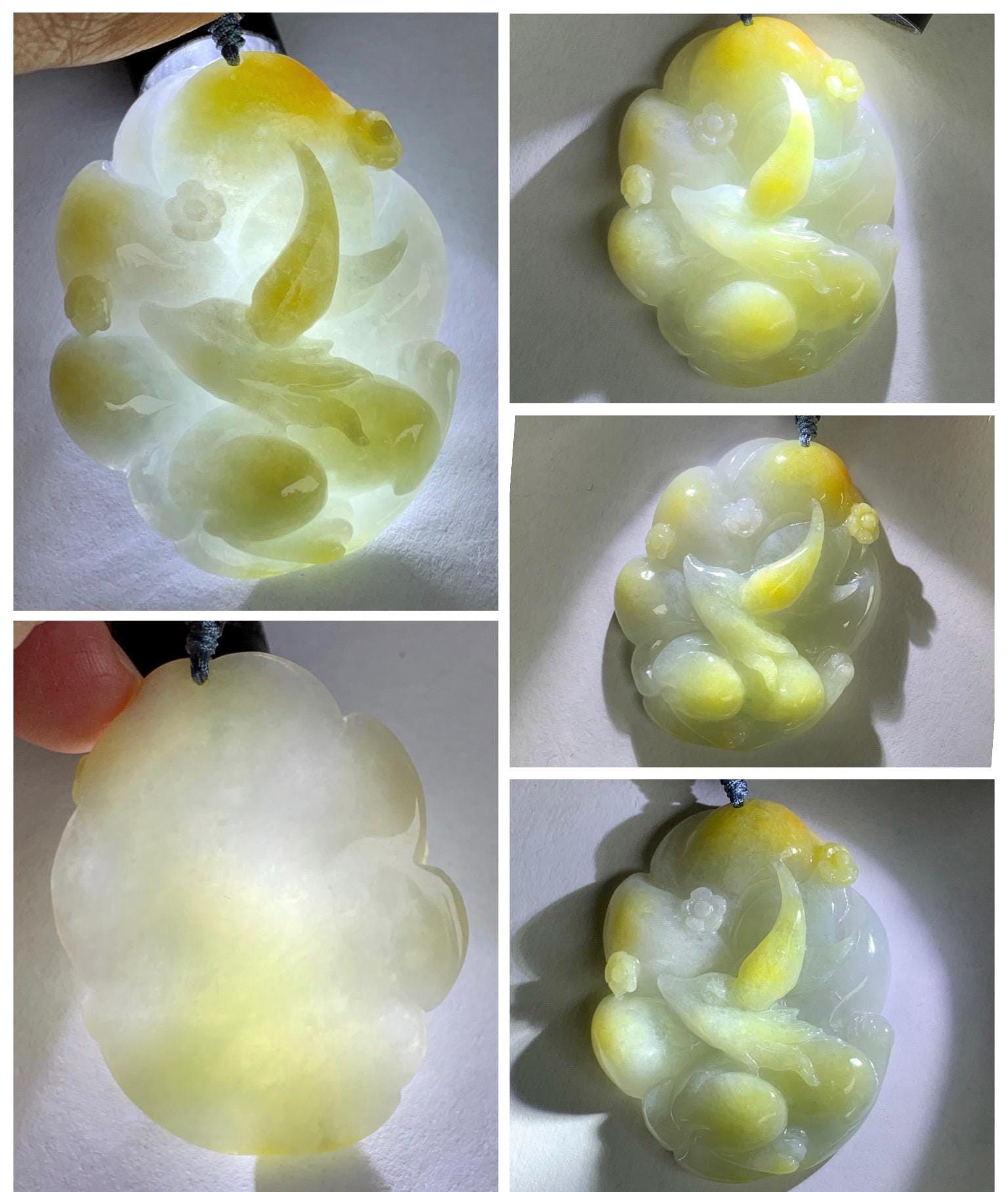 Certified Natural Grade A Icy Translucent White Yellow Marbled Jade Jadeite Nine-Tailed Fox Pendant Rope Necklace 28” 天然白冰飘黄翡翠九尾狐吊坠项链 259