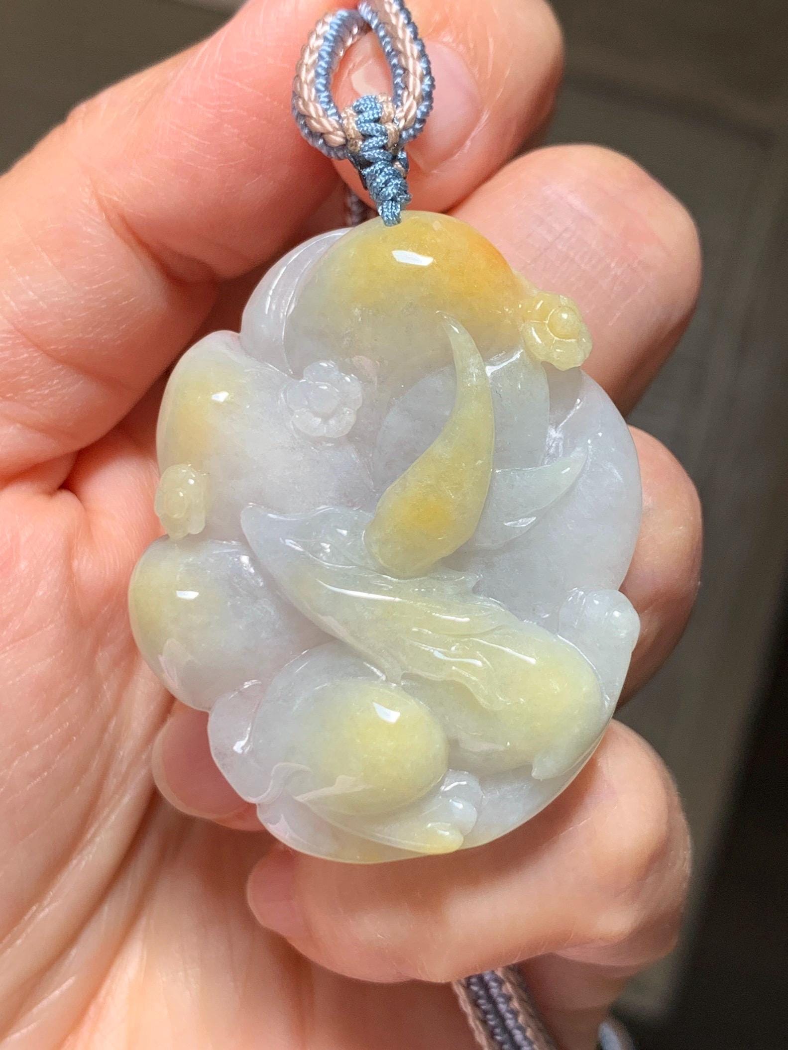 Certified Natural Grade A Icy Translucent White Yellow Marbled Jade Jadeite Nine-Tailed Fox Pendant Rope Necklace 28” 天然白冰飘黄翡翠九尾狐吊坠项链 259
