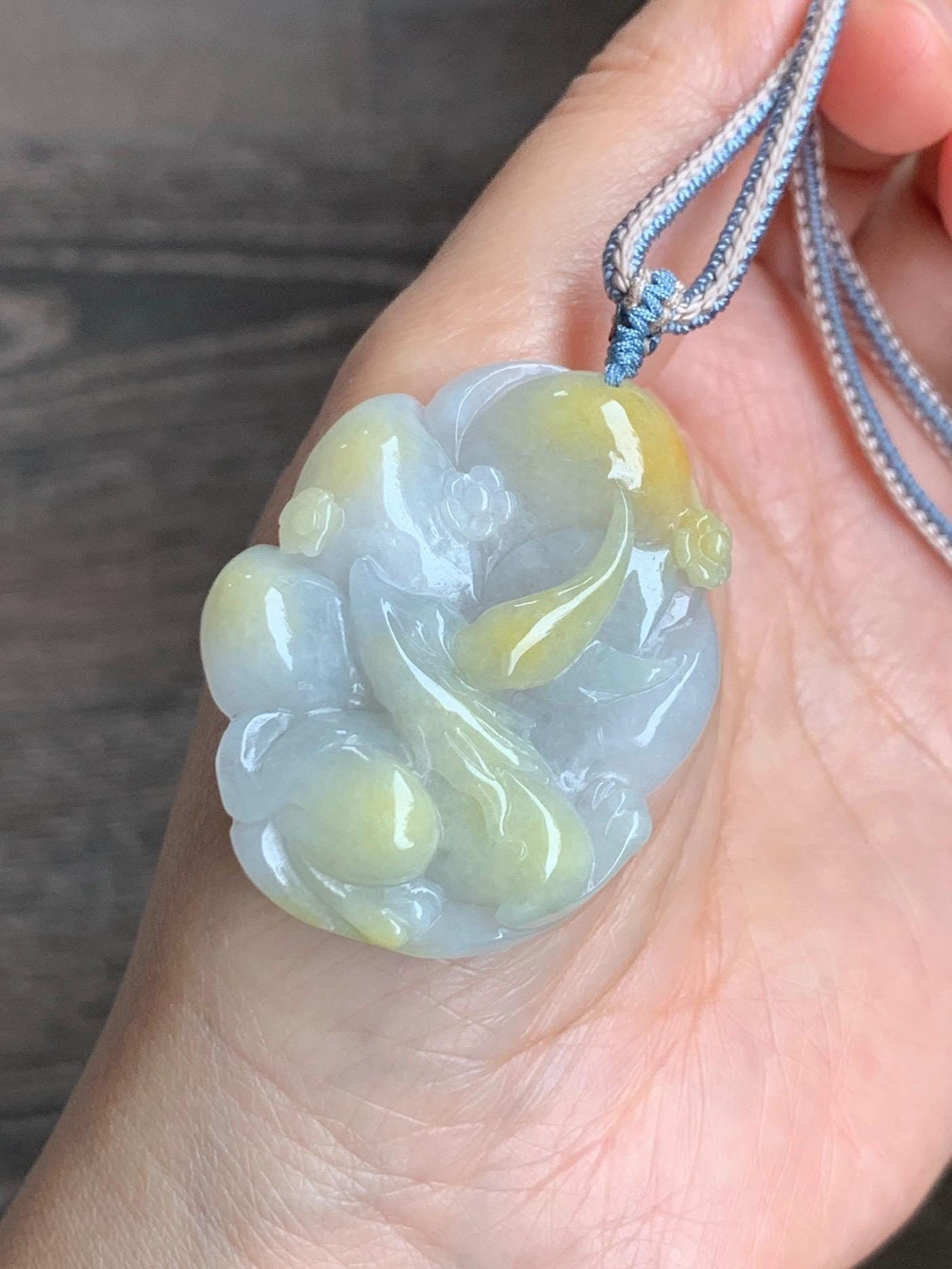 Certified Natural Grade A Icy Translucent White Yellow Marbled Jade Jadeite Nine-Tailed Fox Pendant Rope Necklace 28” 天然白冰飘黄翡翠九尾狐吊坠项链 259