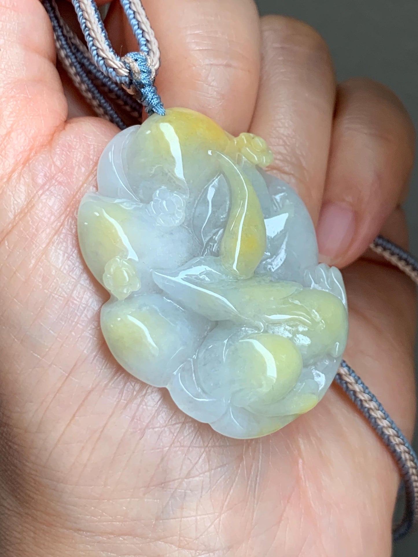 Certified Natural Grade A Icy Translucent White Yellow Marbled Jade Jadeite Nine-Tailed Fox Pendant Rope Necklace 28” 天然白冰飘黄翡翠九尾狐吊坠项链 259