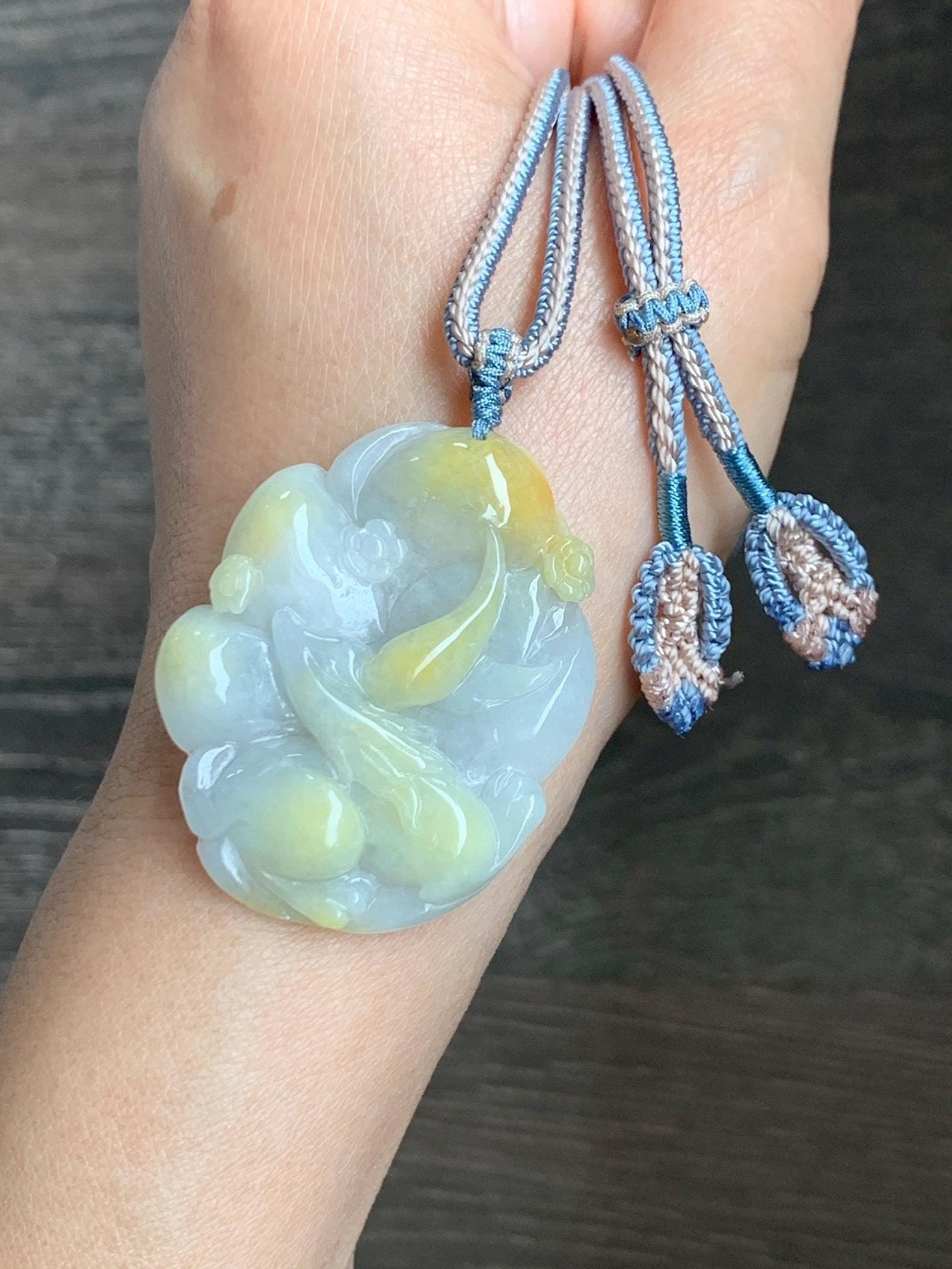Certified Natural Grade A Icy Translucent White Yellow Marbled Jade Jadeite Nine-Tailed Fox Pendant Rope Necklace 28” 天然白冰飘黄翡翠九尾狐吊坠项链 259