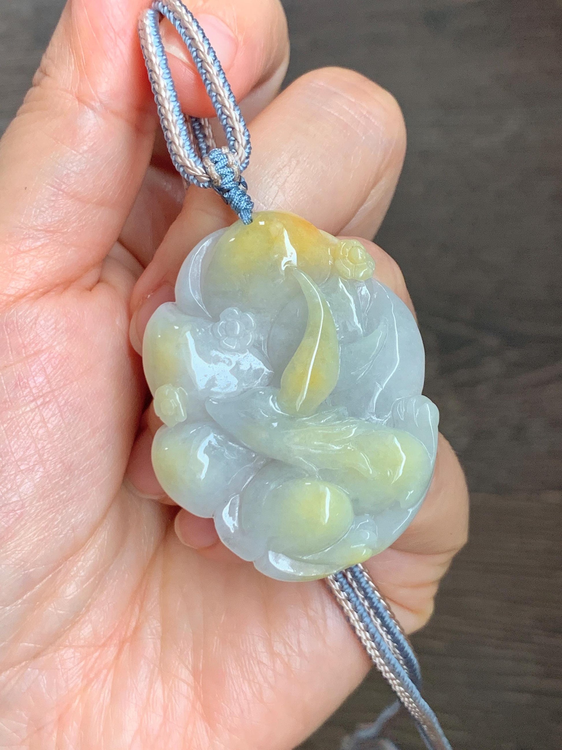 Certified Natural Grade A Icy Translucent White Yellow Marbled Jade Jadeite Nine-Tailed Fox Pendant Rope Necklace 28” 天然白冰飘黄翡翠九尾狐吊坠项链 259