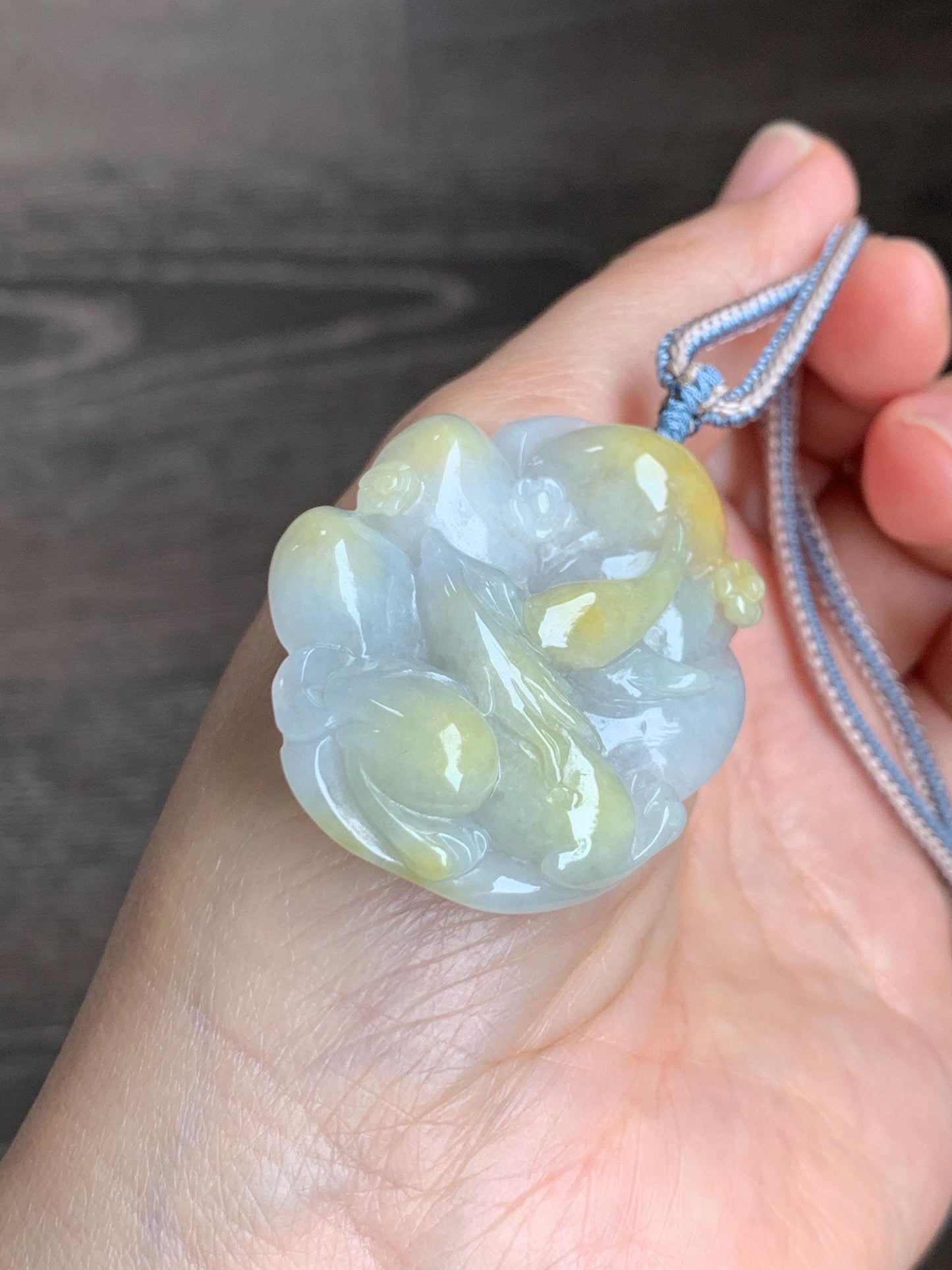 Certified Natural Grade A Icy Translucent White Yellow Marbled Jade Jadeite Nine-Tailed Fox Pendant Rope Necklace 28” 天然白冰飘黄翡翠九尾狐吊坠项链 259