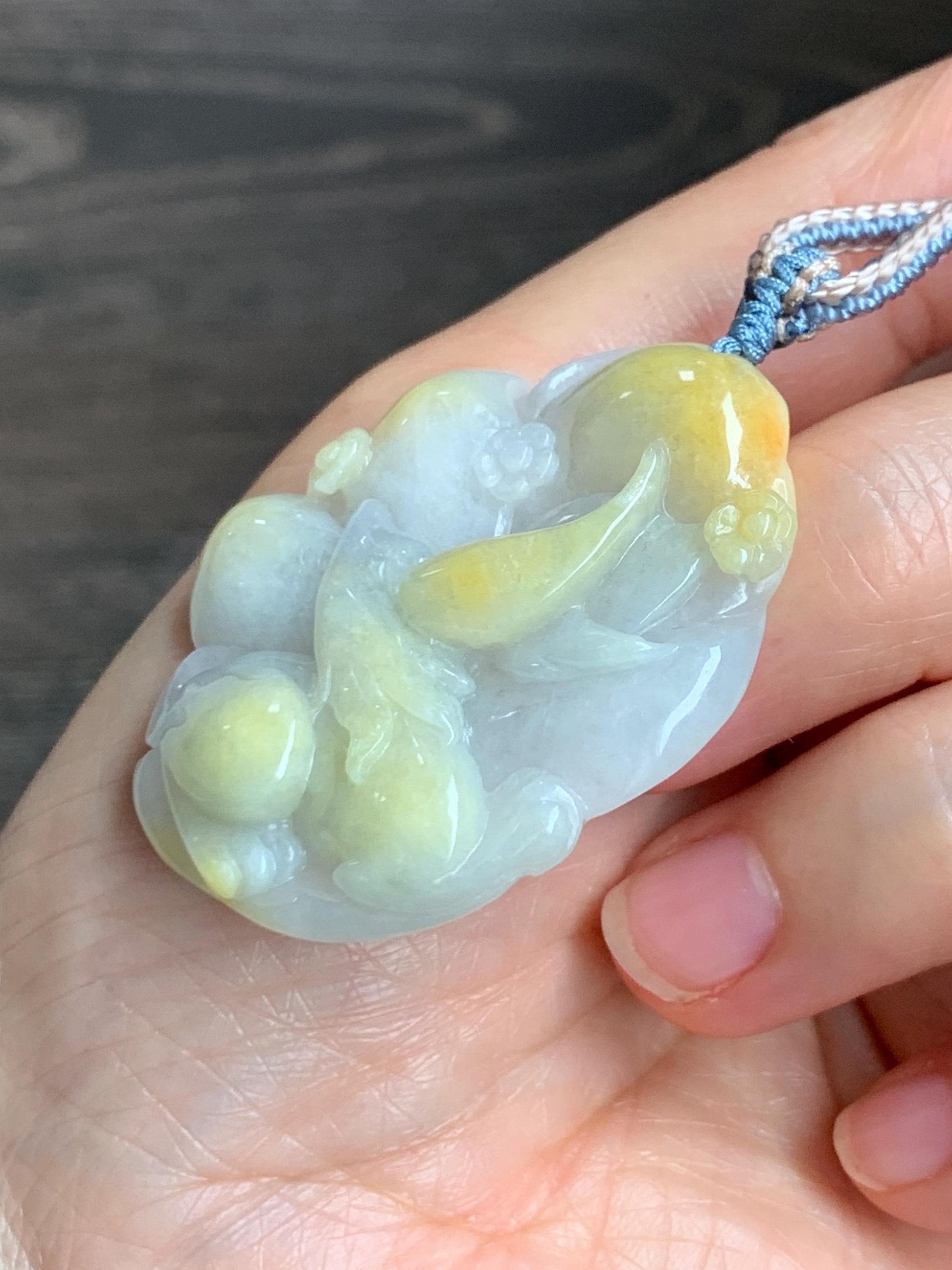 Certified Natural Grade A Icy Translucent White Yellow Marbled Jade Jadeite Nine-Tailed Fox Pendant Rope Necklace 28” 天然白冰飘黄翡翠九尾狐吊坠项链 259