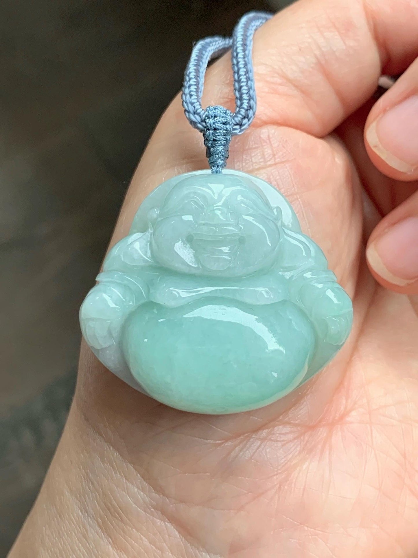 Certified Natural Grade A Icy Translucent Light Green Jade Jadeite Large Buddha Pendant Rope Necklace 27" 天然细糯浅绿翡翠佛公吊坠 1156