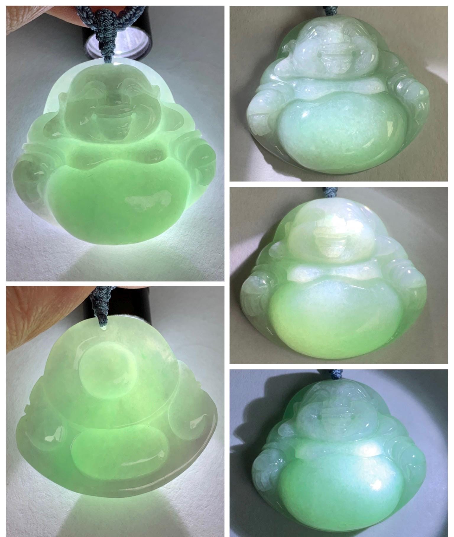 Certified Natural Grade A Icy Translucent Light Green Jade Jadeite Large Buddha Pendant Rope Necklace 27" 天然细糯浅绿翡翠佛公吊坠 1156
