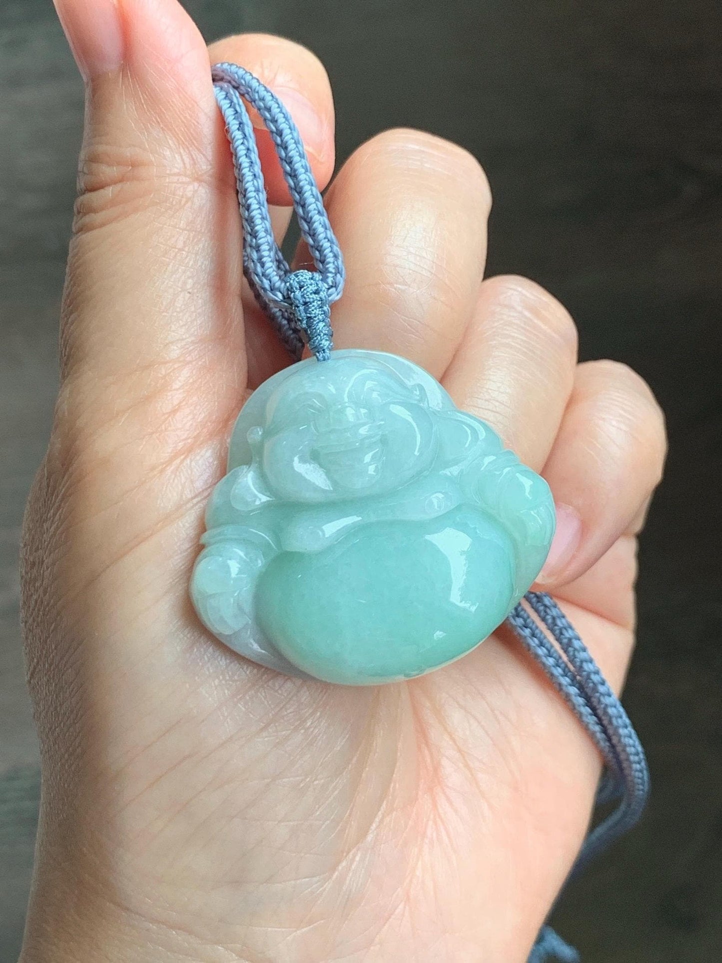 Certified Natural Grade A Icy Translucent Light Green Jade Jadeite Large Buddha Pendant Rope Necklace 27" 天然细糯浅绿翡翠佛公吊坠 1156