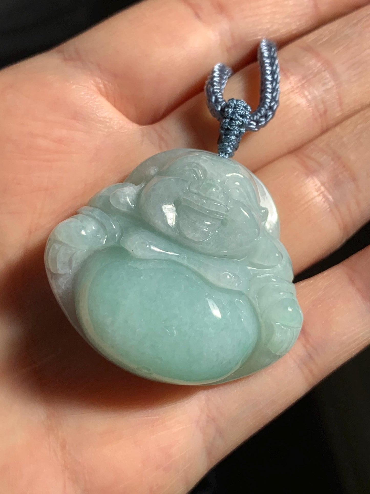 Certified Natural Grade A Icy Translucent Light Green Jade Jadeite Large Buddha Pendant Rope Necklace 27" 天然细糯浅绿翡翠佛公吊坠 1156