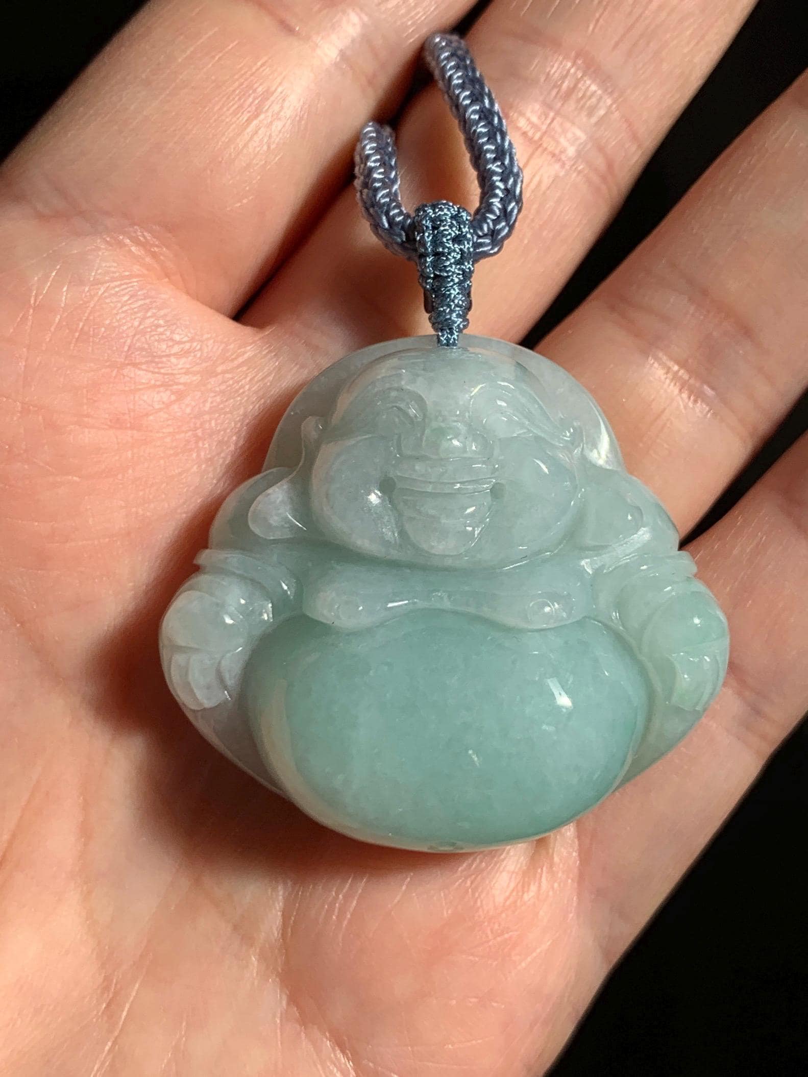 Certified Natural Grade A Icy Translucent Light Green Jade Jadeite Large Buddha Pendant Rope Necklace 27" 天然细糯浅绿翡翠佛公吊坠 1156