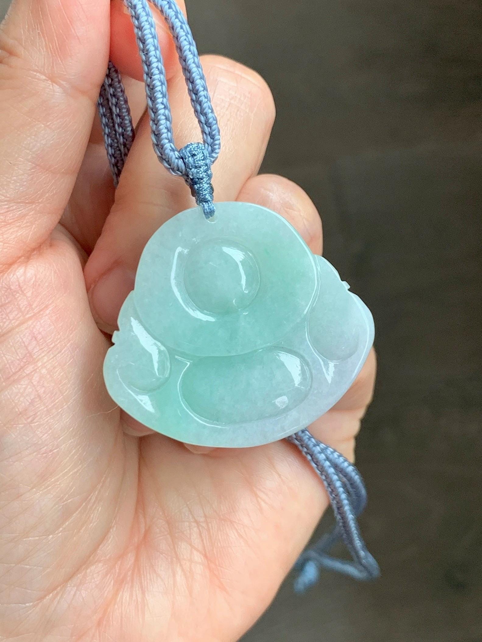 Certified Natural Grade A Icy Translucent Light Green Jade Jadeite Large Buddha Pendant Rope Necklace 27" 天然细糯浅绿翡翠佛公吊坠 1156