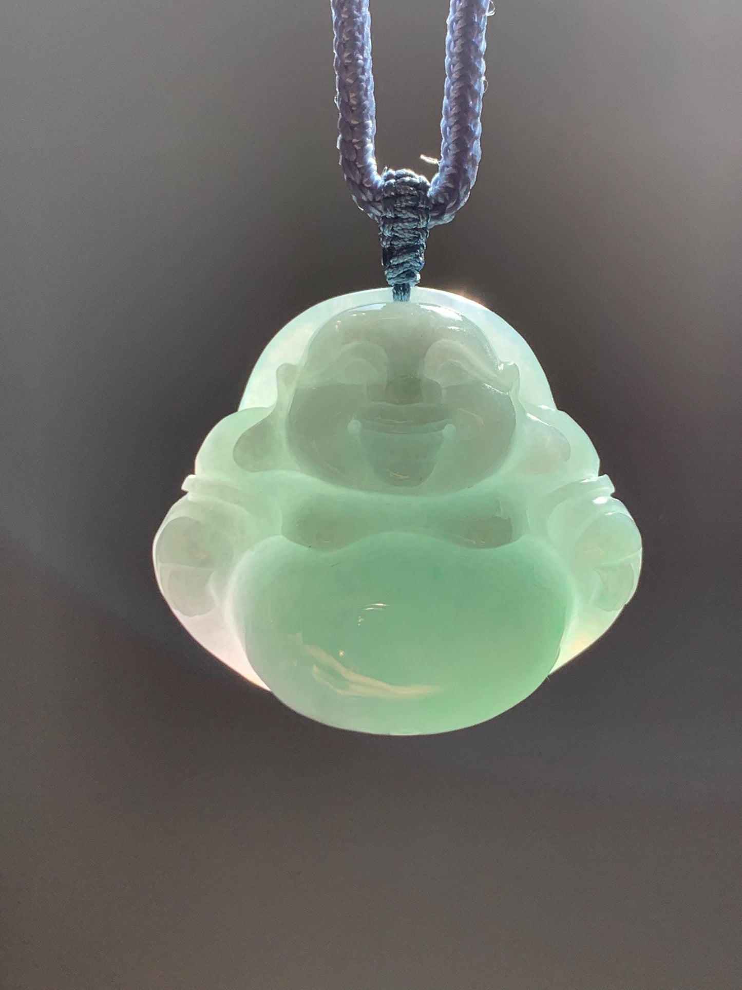 Certified Natural Grade A Icy Translucent Light Green Jade Jadeite Large Buddha Pendant Rope Necklace 27" 天然细糯浅绿翡翠佛公吊坠 1156