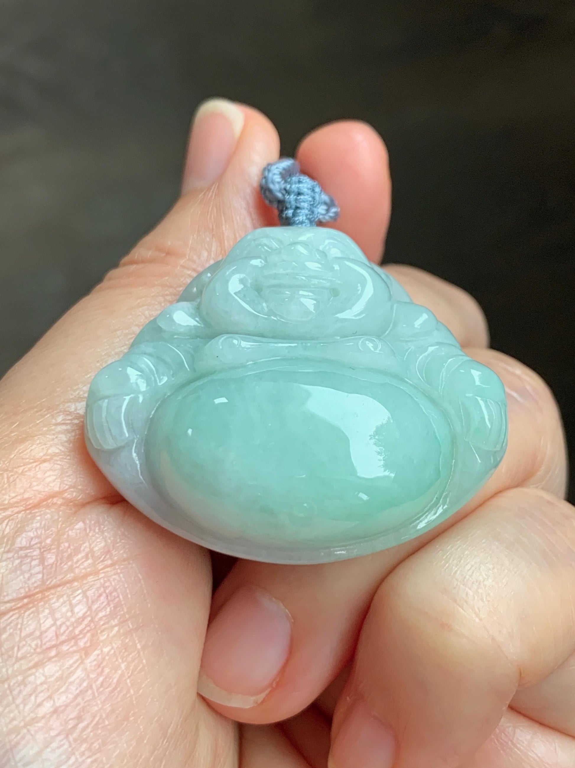 Certified Natural Grade A Icy Translucent Light Green Jade Jadeite Large Buddha Pendant Rope Necklace 27" 天然细糯浅绿翡翠佛公吊坠 1156