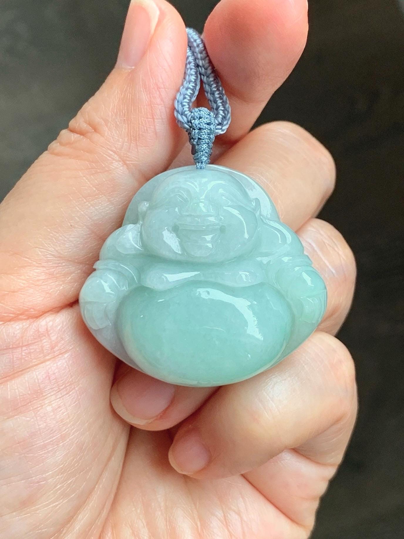 Certified Natural Grade A Icy Translucent Light Green Jade Jadeite Large Buddha Pendant Rope Necklace 27" 天然细糯浅绿翡翠佛公吊坠 1156