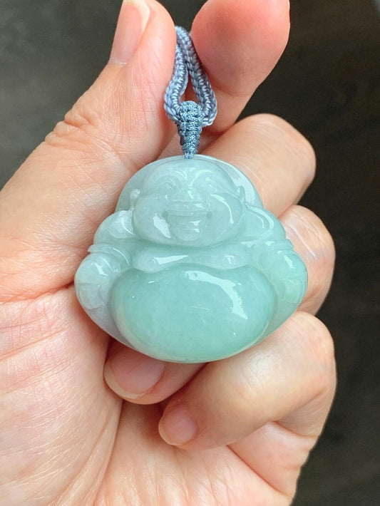 Certified Natural Grade A Icy Translucent Light Green Jade Jadeite Large Buddha Pendant Rope Necklace 27" 天然细糯浅绿翡翠佛公吊坠 1156