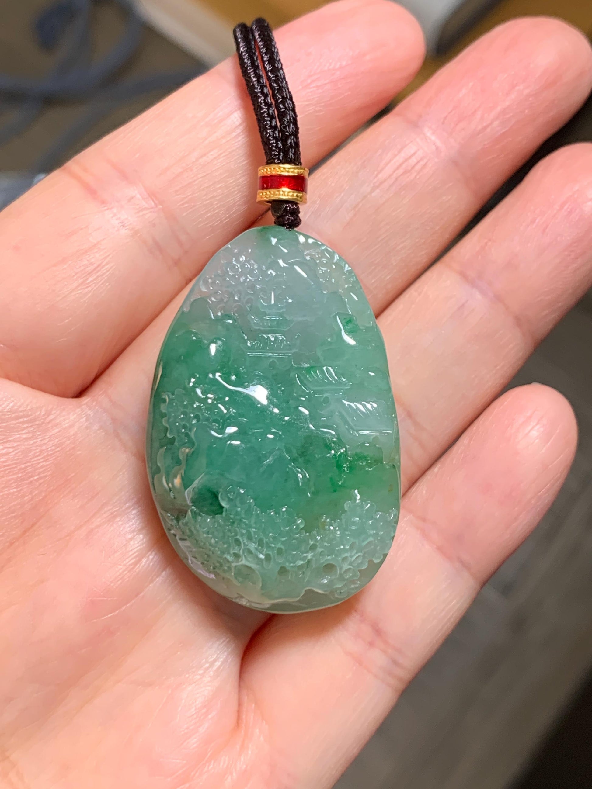 Certified Natural Grade A Icy Translucent Vibrant Green Marbled Jade Jadeite Carved Shan Shui Pendant Rope Necklace 26” 天然冰绿飘花翡翠山水吊坠 1160