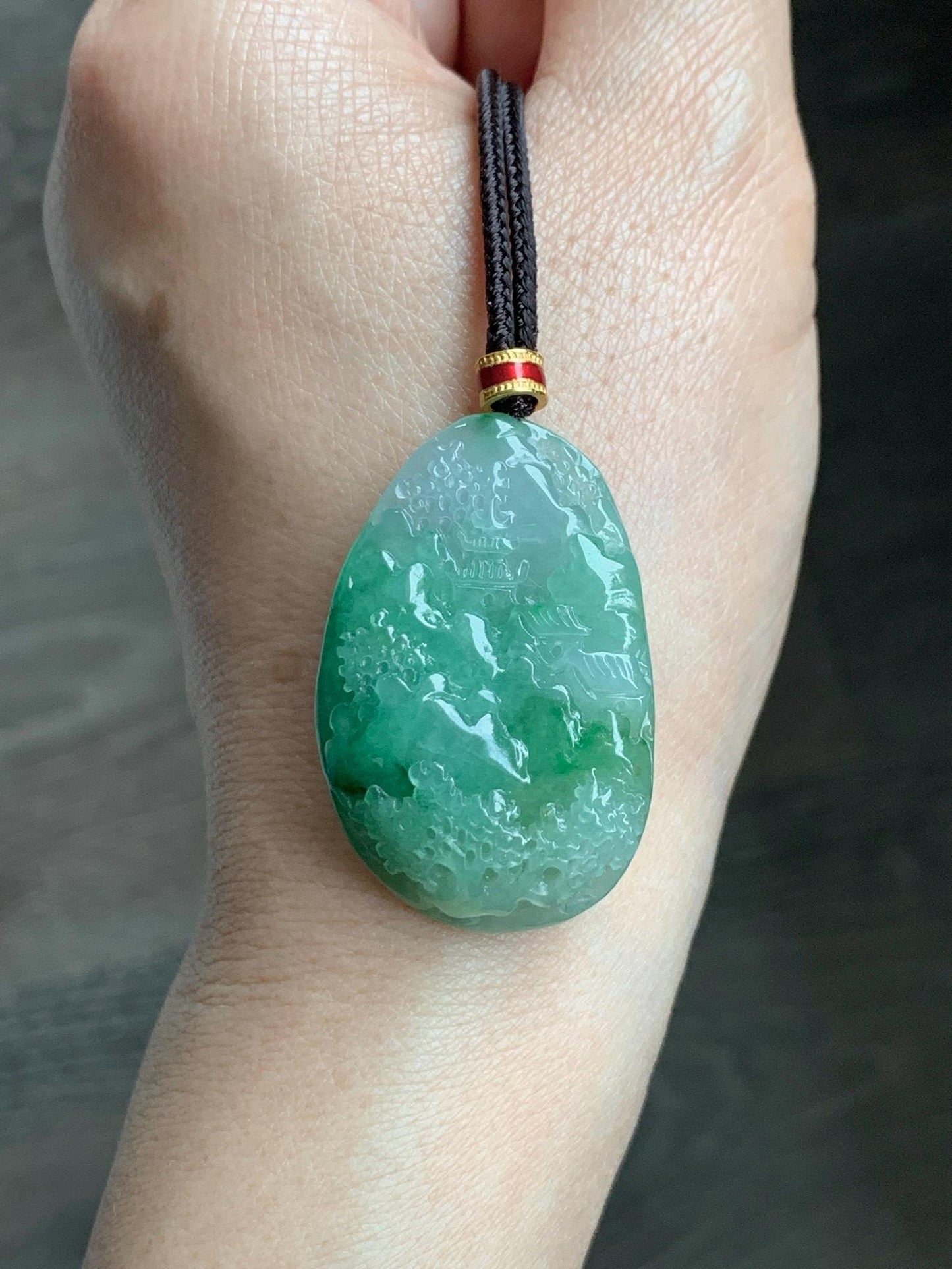 Certified Natural Grade A Icy Translucent Vibrant Green Marbled Jade Jadeite Carved Shan Shui Pendant Rope Necklace 26” 天然冰绿飘花翡翠山水吊坠 1160