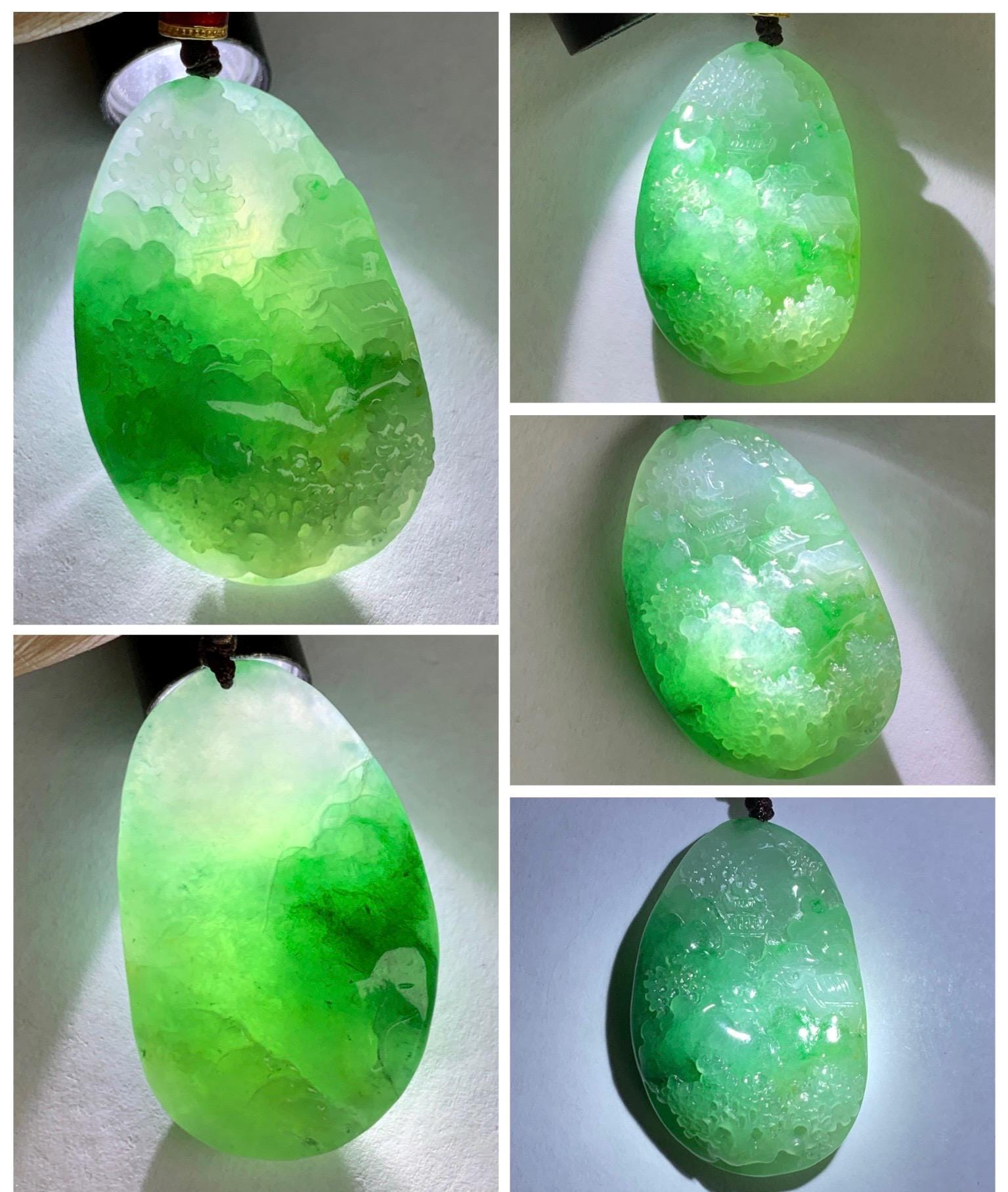 Certified Natural Grade A Icy Translucent Vibrant Green Marbled Jade Jadeite Carved Shan Shui Pendant Rope Necklace 26” 天然冰绿飘花翡翠山水吊坠 1160