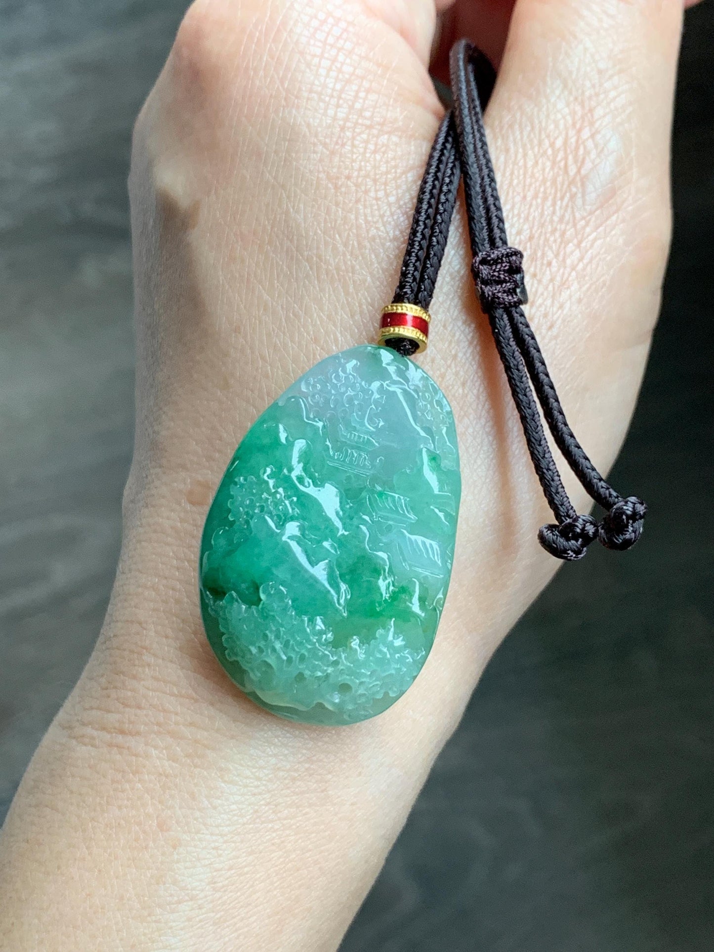 Certified Natural Grade A Icy Translucent Vibrant Green Marbled Jade Jadeite Carved Shan Shui Pendant Rope Necklace 26” 天然冰绿飘花翡翠山水吊坠 1160