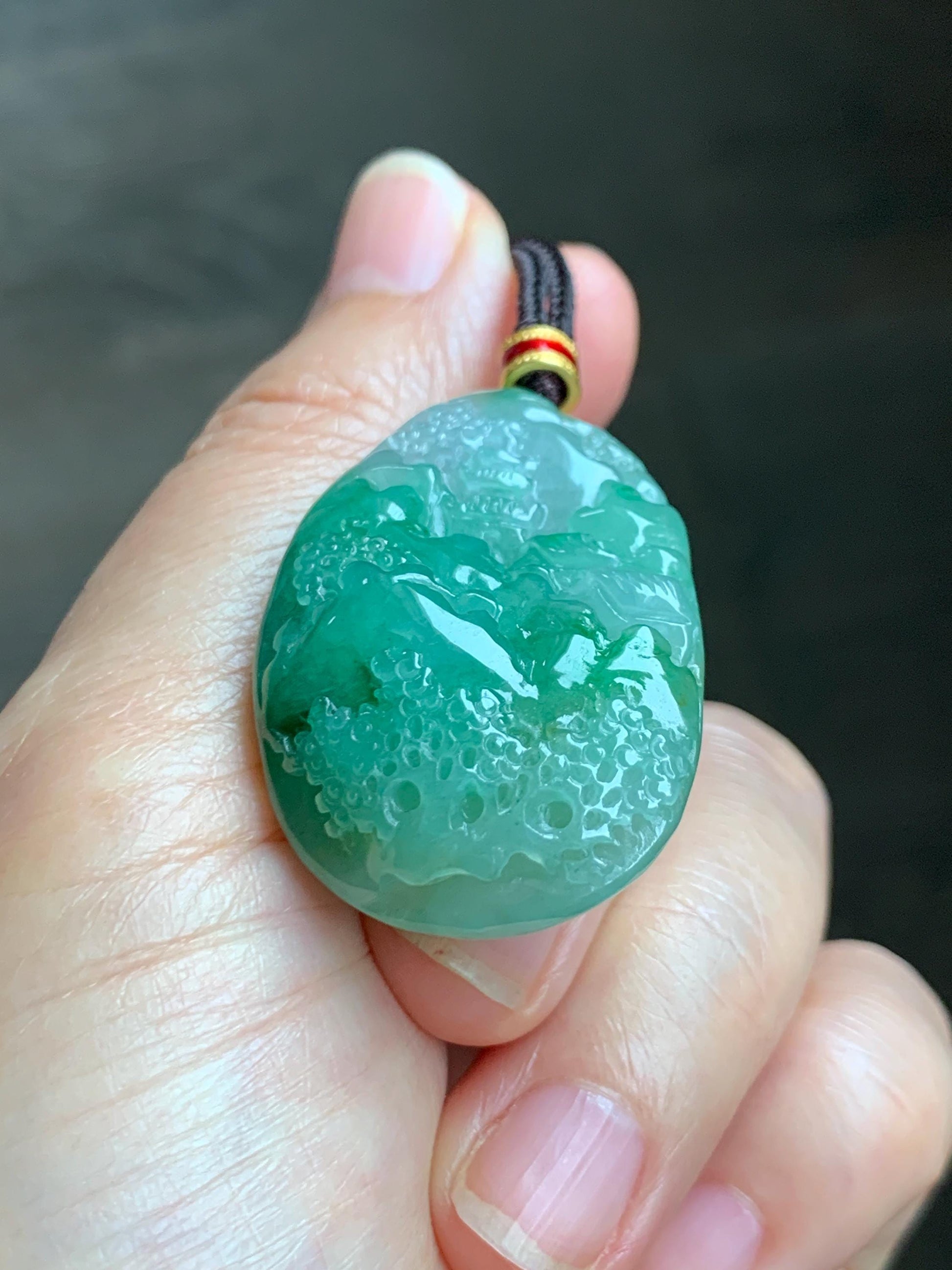 Certified Natural Grade A Icy Translucent Vibrant Green Marbled Jade Jadeite Carved Shan Shui Pendant Rope Necklace 26” 天然冰绿飘花翡翠山水吊坠 1160