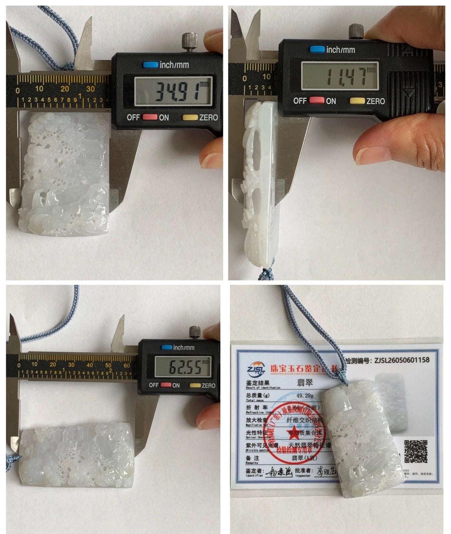 Certified Natural Grade A Icy Translucent White Jade Jadeite Carved Shan Shui Large Pendant Rope Necklace 27” 天然冰透翡翠山水吊坠 1158