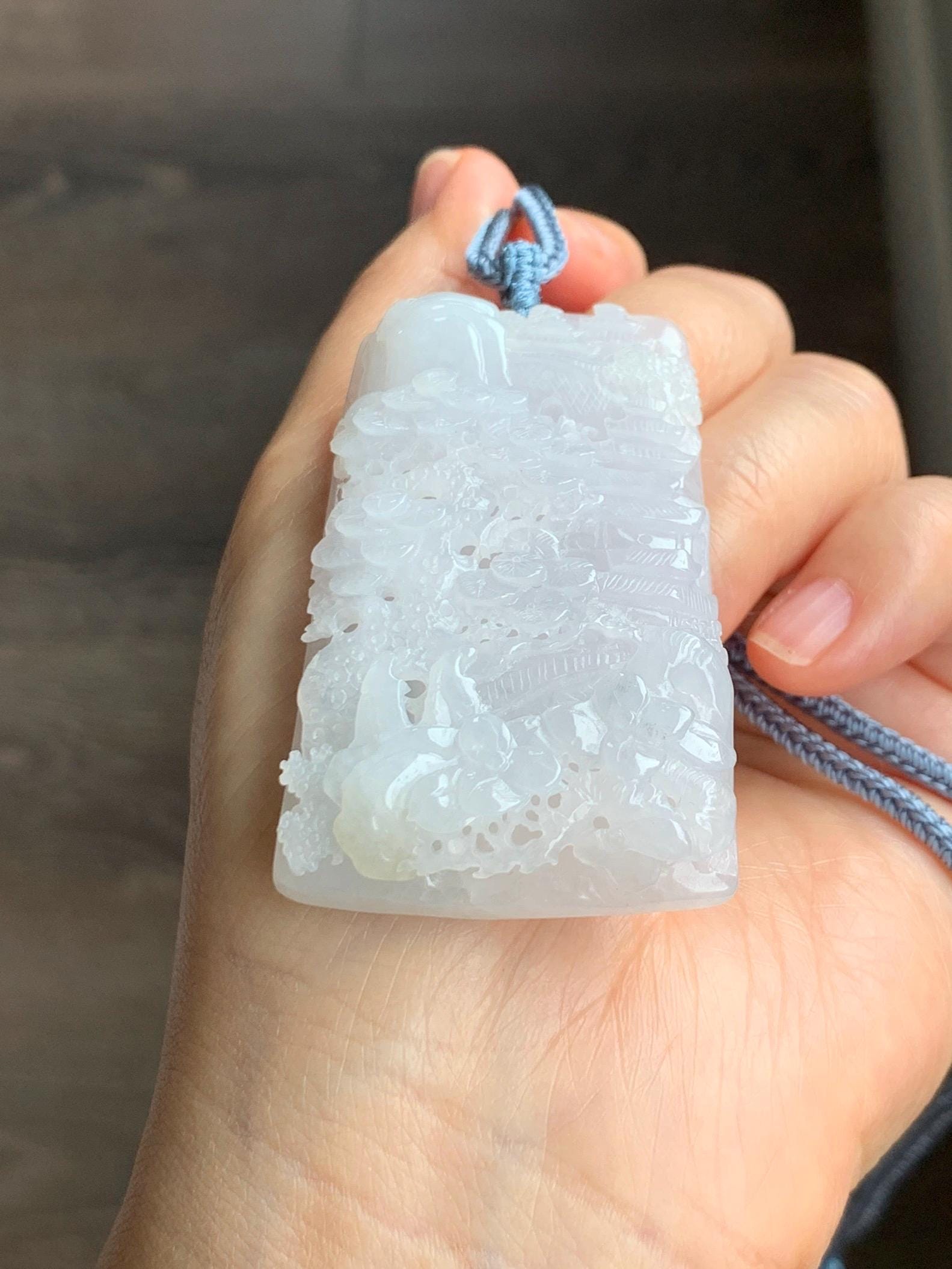 Certified Natural Grade A Icy Translucent White Jade Jadeite Carved Shan Shui Large Pendant Rope Necklace 27” 天然冰透翡翠山水吊坠 1158