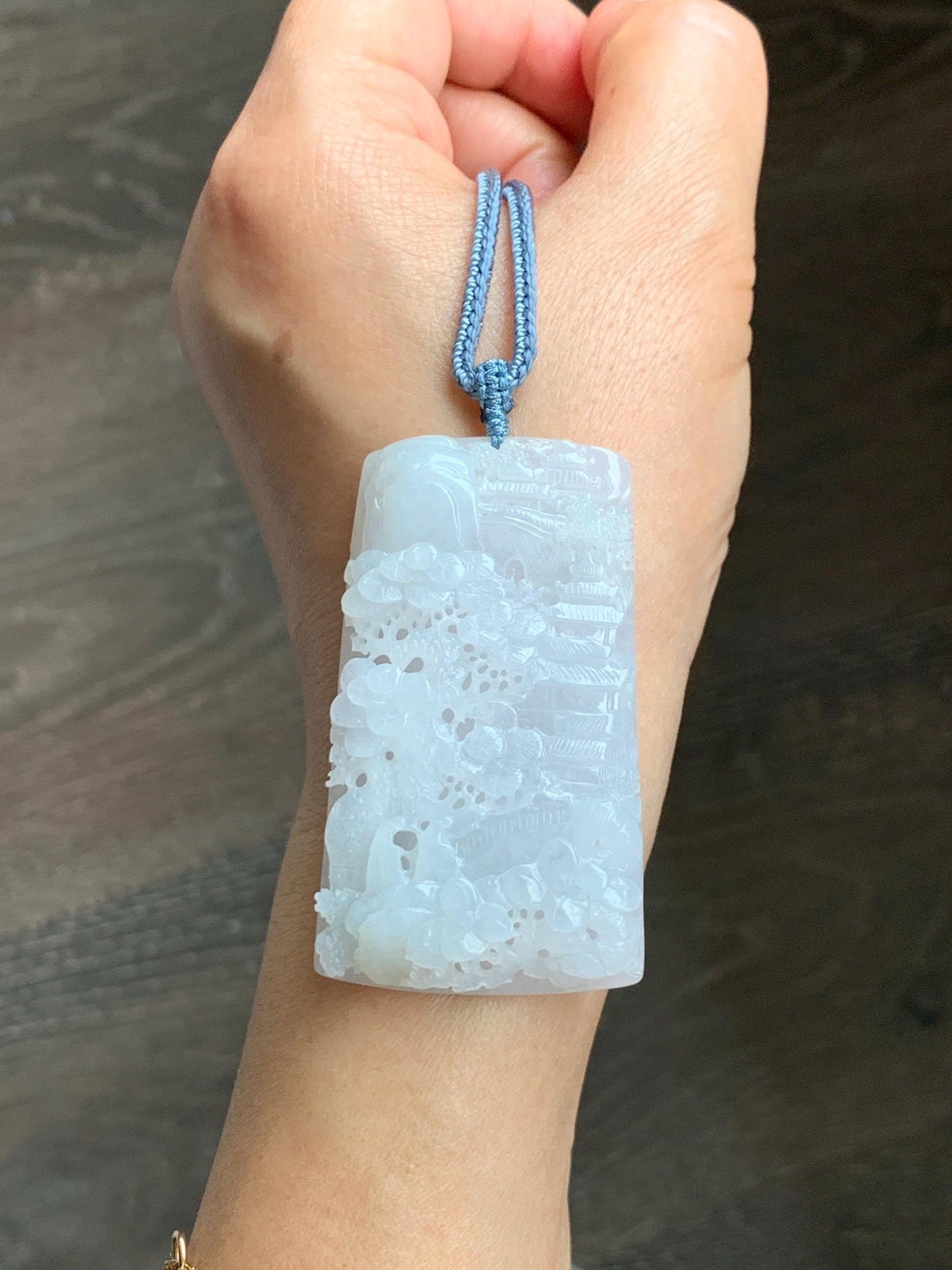 Certified Natural Grade A Icy Translucent White Jade Jadeite Carved Shan Shui Large Pendant Rope Necklace 27” 天然冰透翡翠山水吊坠 1158