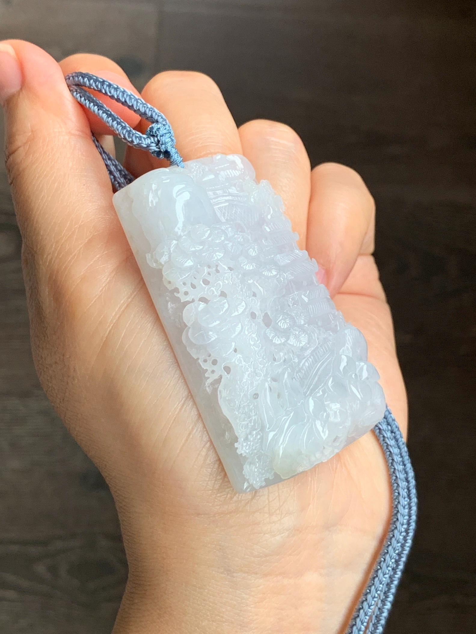 Certified Natural Grade A Icy Translucent White Jade Jadeite Carved Shan Shui Large Pendant Rope Necklace 27” 天然冰透翡翠山水吊坠 1158