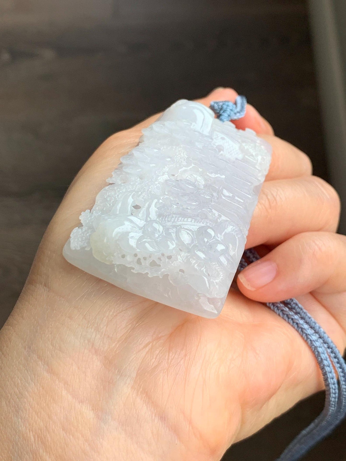 Certified Natural Grade A Icy Translucent White Jade Jadeite Carved Shan Shui Large Pendant Rope Necklace 27” 天然冰透翡翠山水吊坠 1158