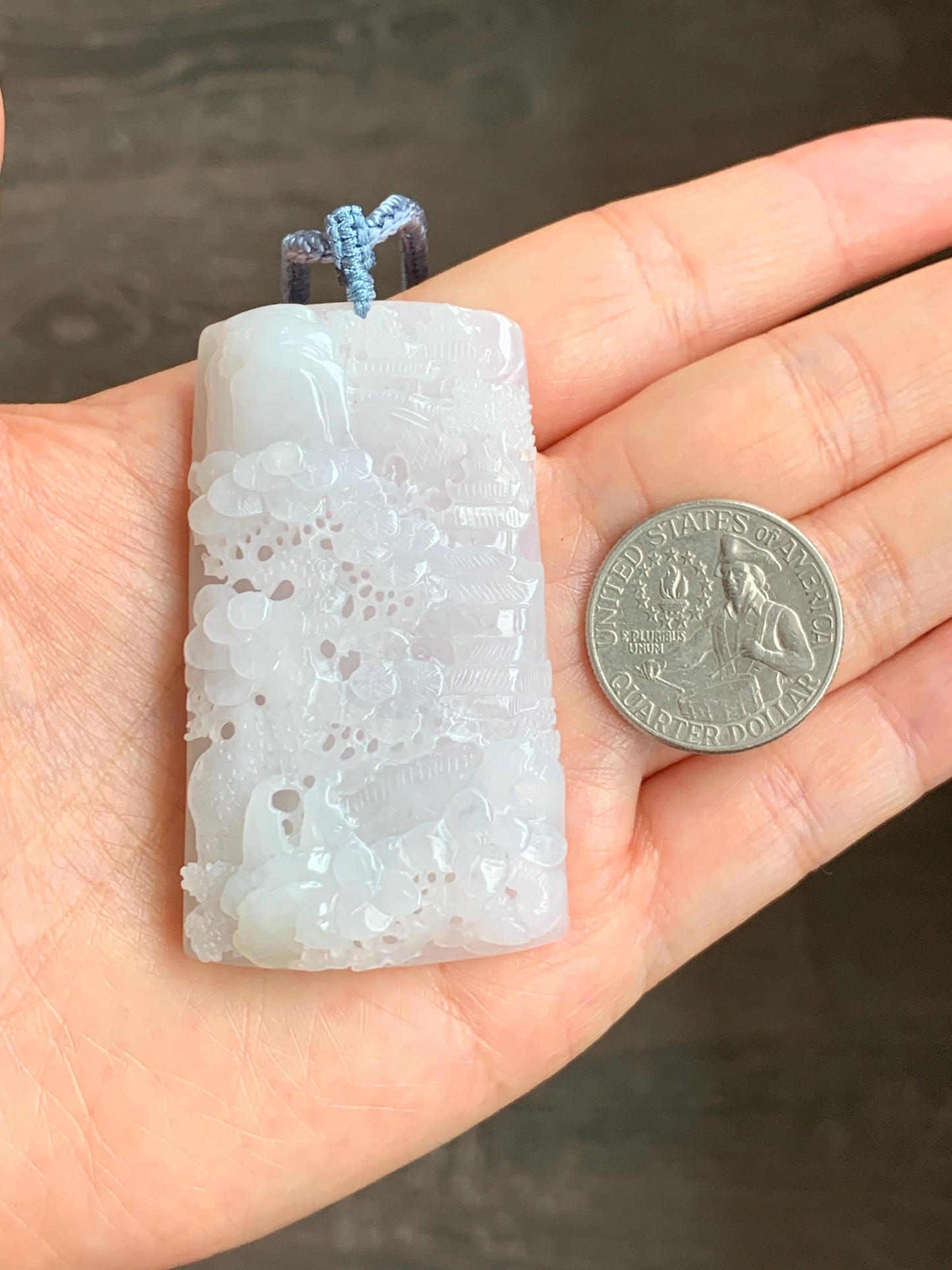 Certified Natural Grade A Icy Translucent White Jade Jadeite Carved Shan Shui Large Pendant Rope Necklace 27” 天然冰透翡翠山水吊坠 1158