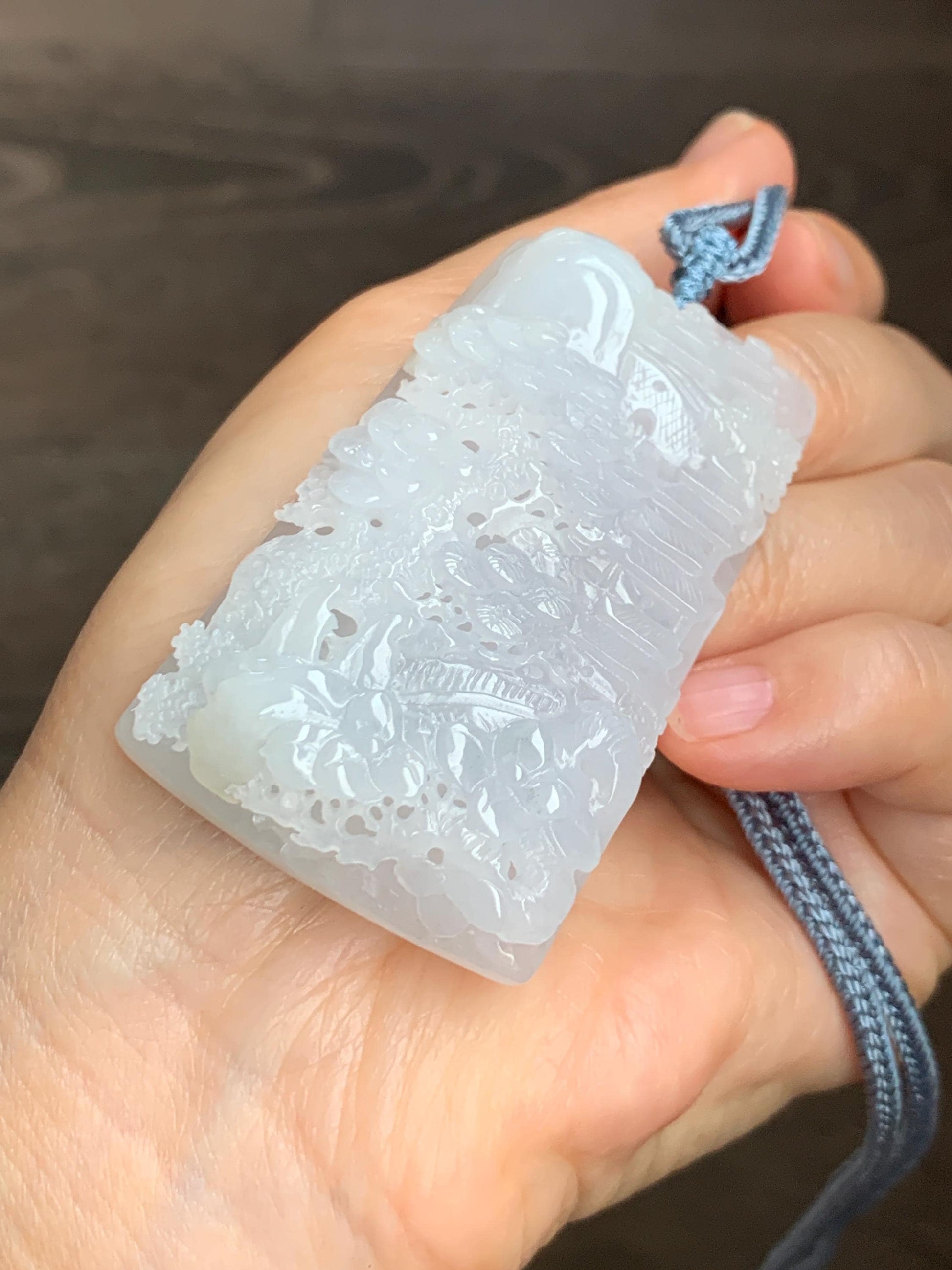 Certified Natural Grade A Icy Translucent White Jade Jadeite Carved Shan Shui Large Pendant Rope Necklace 27” 天然冰透翡翠山水吊坠 1158