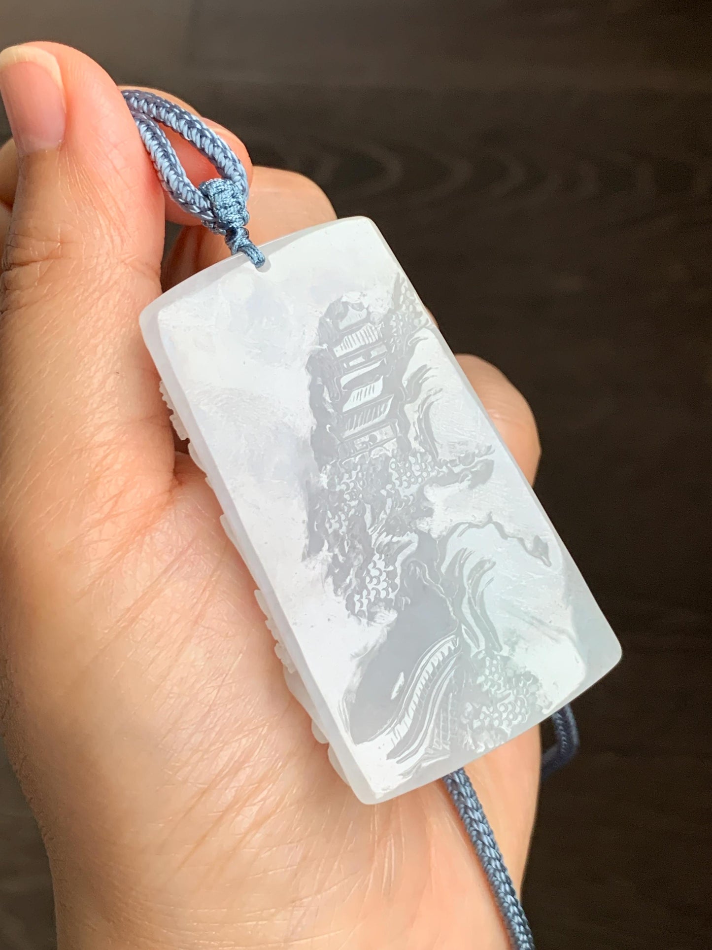 Certified Natural Grade A Icy Translucent White Jade Jadeite Carved Shan Shui Large Pendant Rope Necklace 27” 天然冰透翡翠山水吊坠 1158