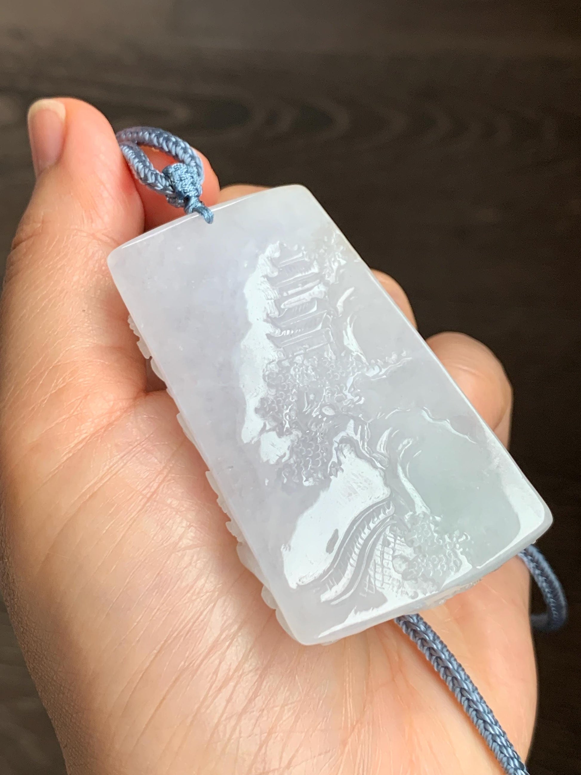 Certified Natural Grade A Icy Translucent White Jade Jadeite Carved Shan Shui Large Pendant Rope Necklace 27” 天然冰透翡翠山水吊坠 1158