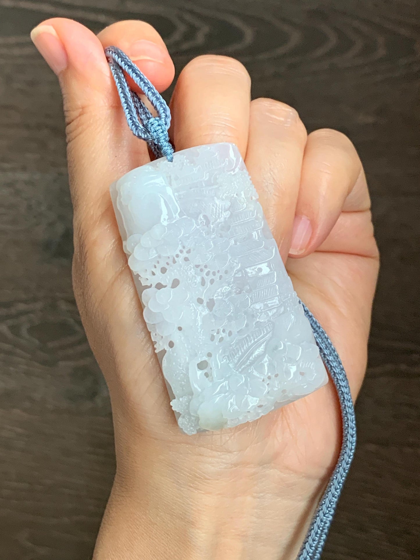 Certified Natural Grade A Icy Translucent White Jade Jadeite Carved Shan Shui Large Pendant Rope Necklace 27” 天然冰透翡翠山水吊坠 1158