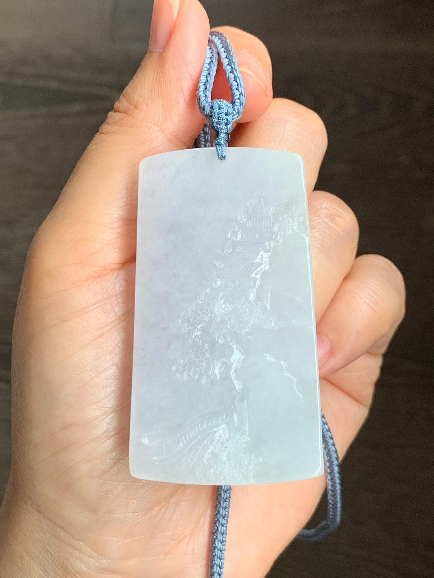 Certified Natural Grade A Icy Translucent White Jade Jadeite Carved Shan Shui Large Pendant Rope Necklace 27” 天然冰透翡翠山水吊坠 1158