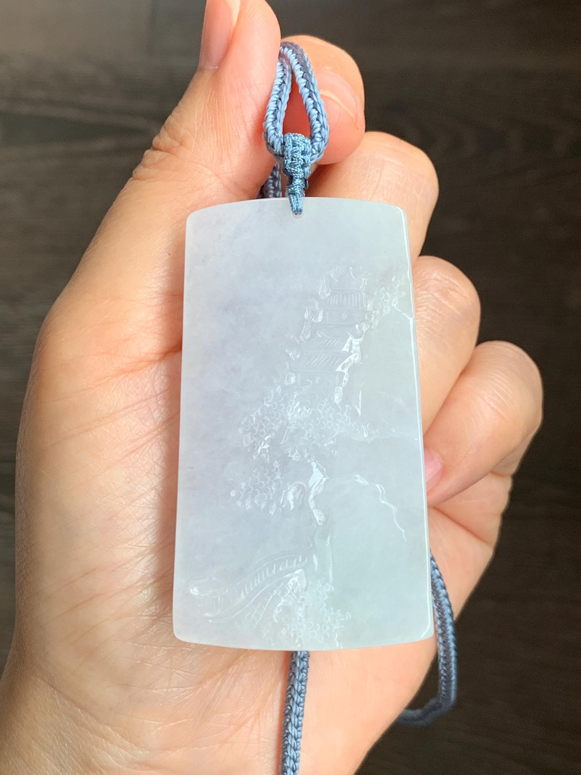 Certified Natural Grade A Icy Translucent White Jade Jadeite Carved Shan Shui Large Pendant Rope Necklace 27” 天然冰透翡翠山水吊坠 1158