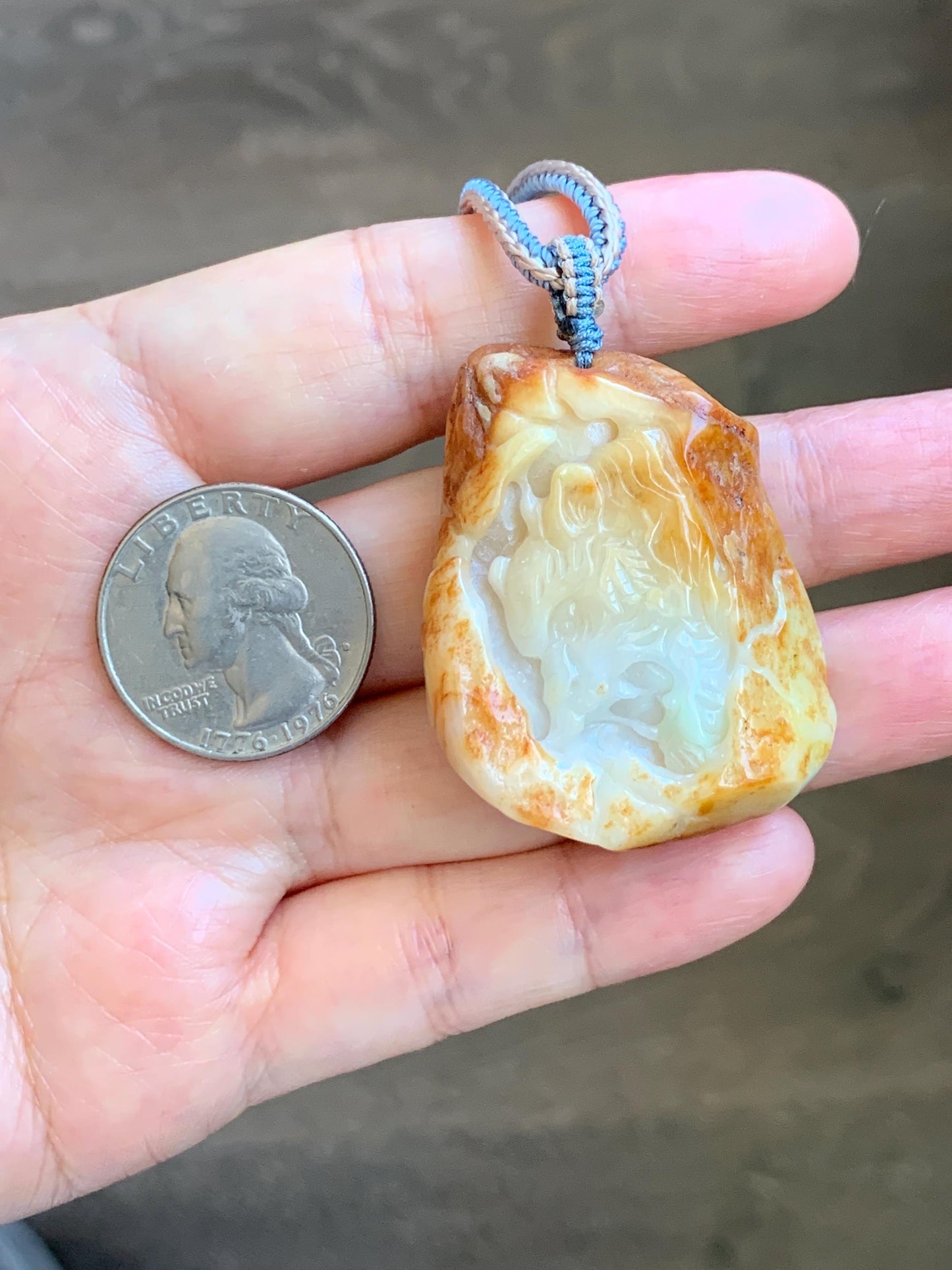 Grade A Natural White Jade Jadeite with Dark Yellow Rind Carved Tiger Pendant Rope Necklace 27” 39g 天然翡翠皮壳料老虎雕吊坠 MPKH110