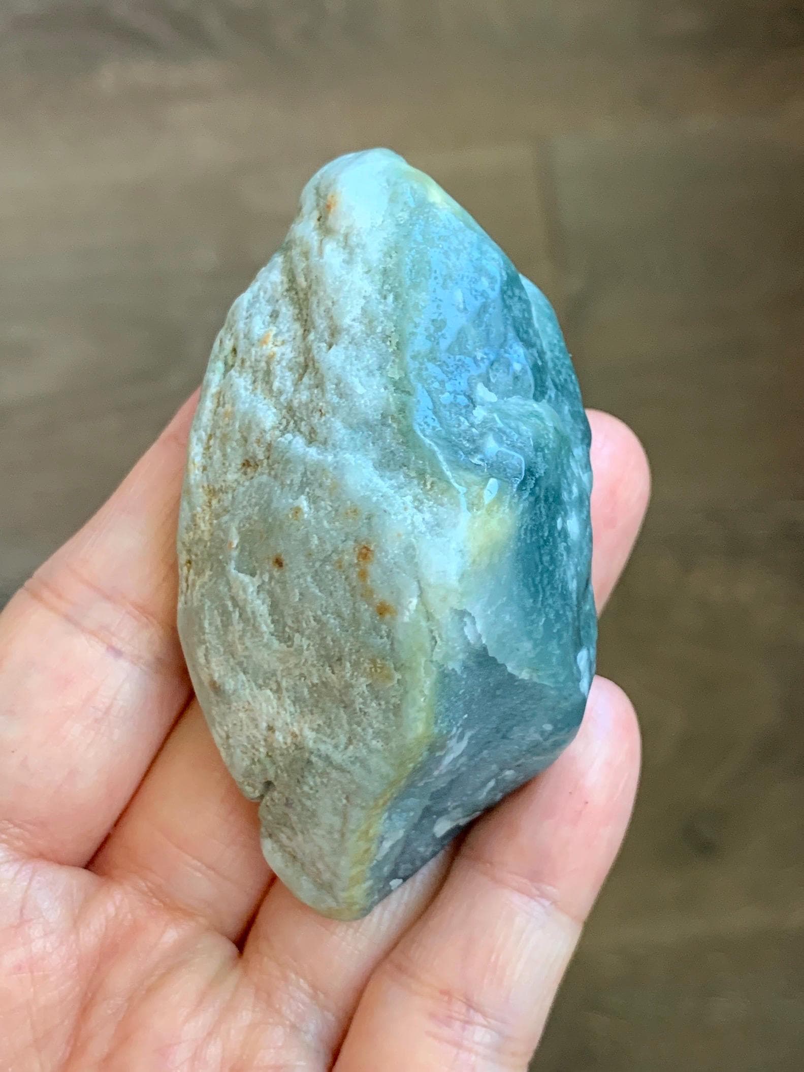 Grade A Natural Guatemalan Dusty Blue Jade Jadeite with Rind Dragon Carved Rock with Wood Stand Home Decor 115g 天然危蓝翡翠皮壳料龙头雕小摆 WPKL220