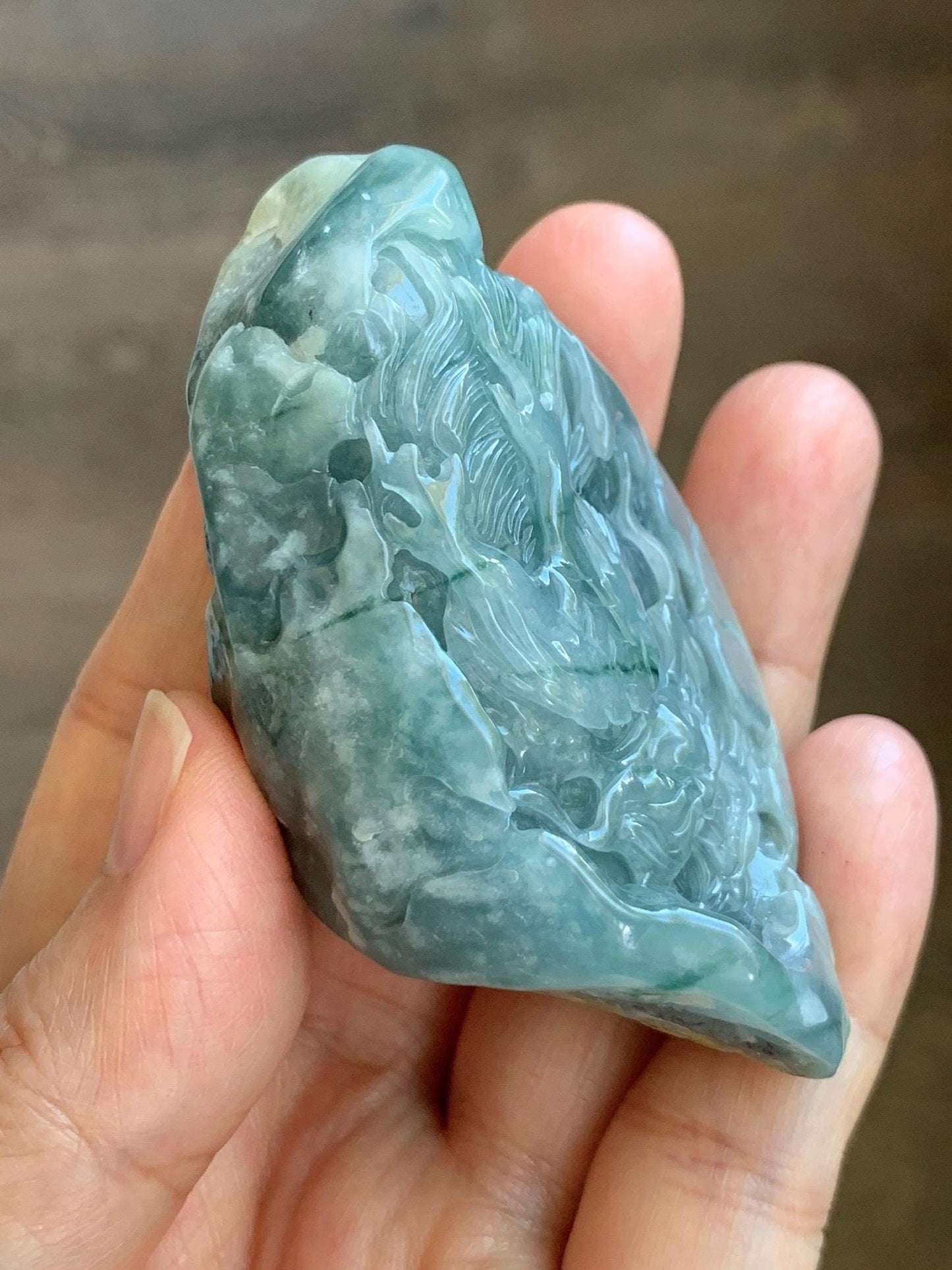 Grade A Natural Guatemalan Dusty Blue Jade Jadeite with Rind Dragon Carved Rock with Wood Stand Home Decor 115g 天然危蓝翡翠皮壳料龙头雕小摆 WPKL220